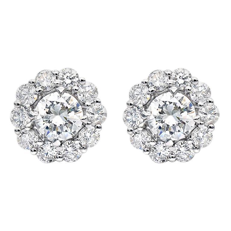1.43 Carat Round Diamond Floral Cluster Halo Stud Earrings in 14kt White Gold In New Condition In Little Neck, NY