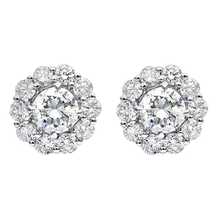 1.43 Carat Round Diamond Floral Cluster Halo Stud Earrings in 14kt White Gold