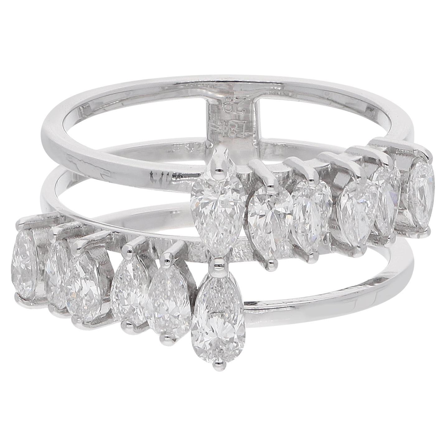 Bague à trois anneaux en or blanc 18 carats avec diamant poire de 1,43 carat, pureté SI et couleur HI