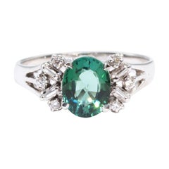 1.43 Carat Teal Oval Tourmaline and Diamond 18 Carat White Gold Vintage Ring