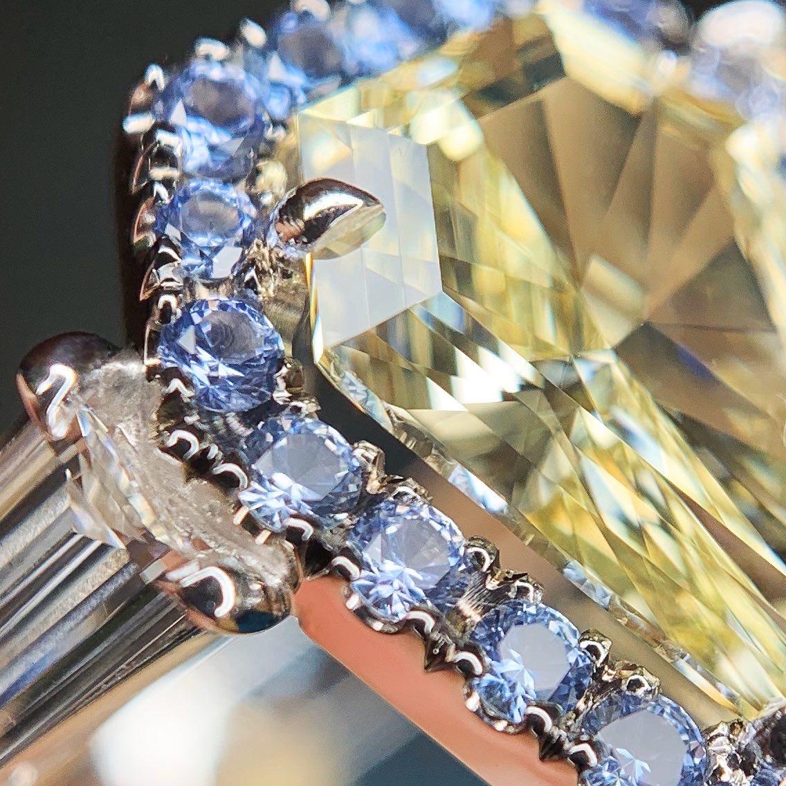 1.43 Carat VVS2 GIA Fancy Yellow Shield Cut Diamond, Unheated Blue Sapphire Ring 13