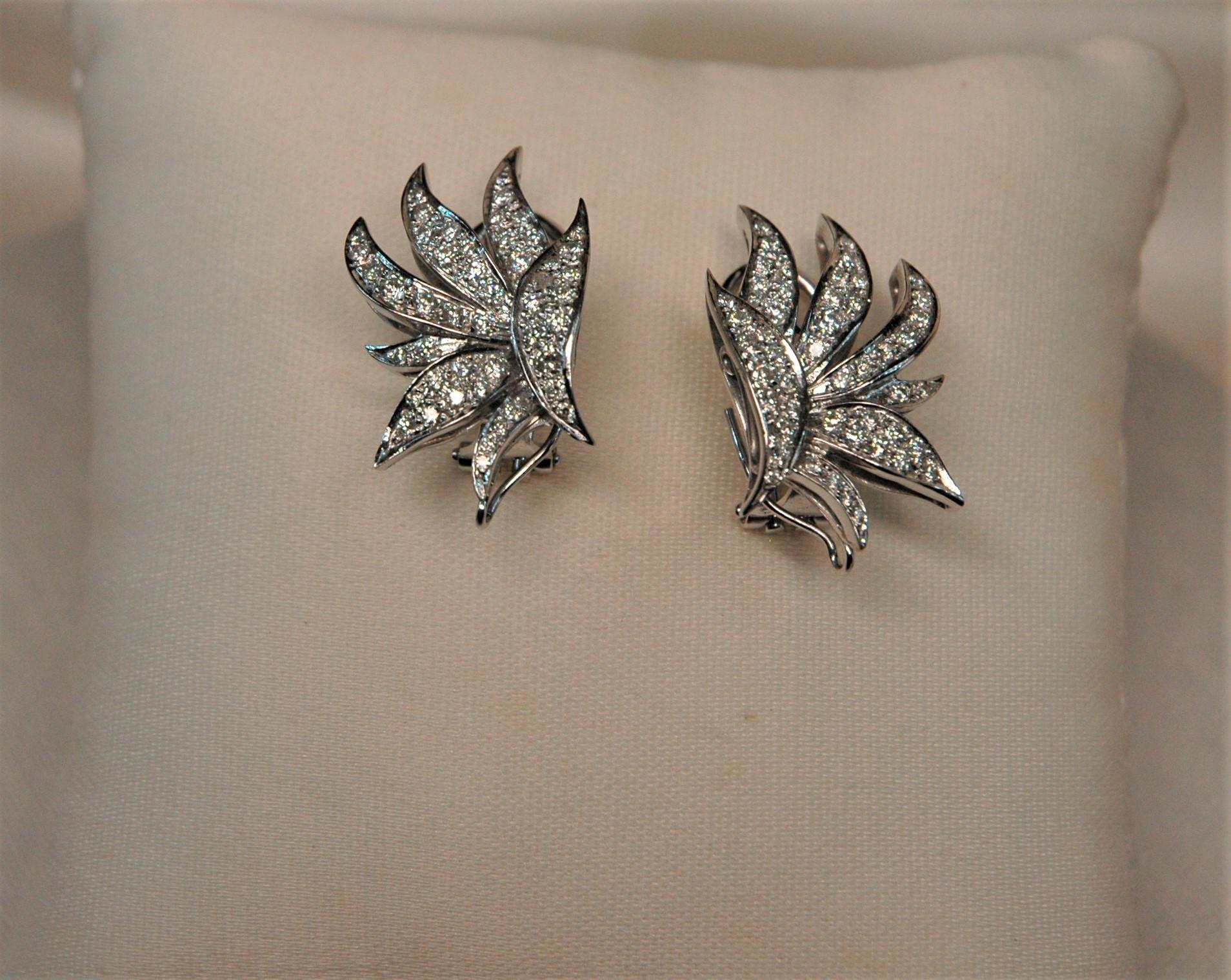 Romantic 1.43 Carats Diamonds, White Gold Leaf Earrings For Sale