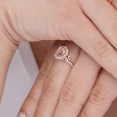 1.43 CTW Pear-Shaped Morganite Ring with Diamond Halo in 14K Solid Gold