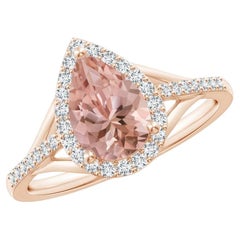 Anillo de morganita en forma de pera de 1,43 CTW con halo de diamantes, en oro macizo de 14K