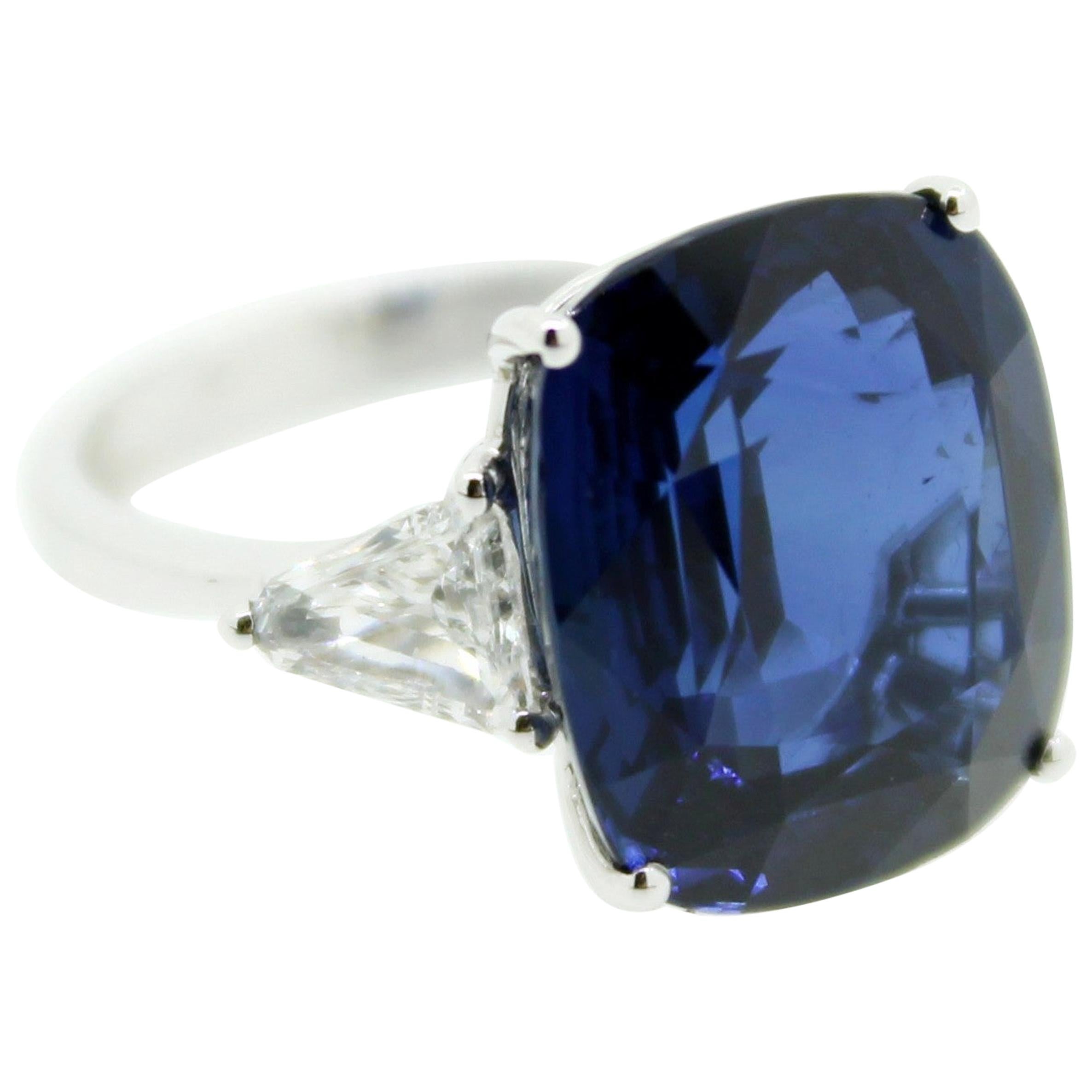 14.30 Carat Cushion Blue Sapphire and Side White Trillon Diamond Engagement Ring For Sale