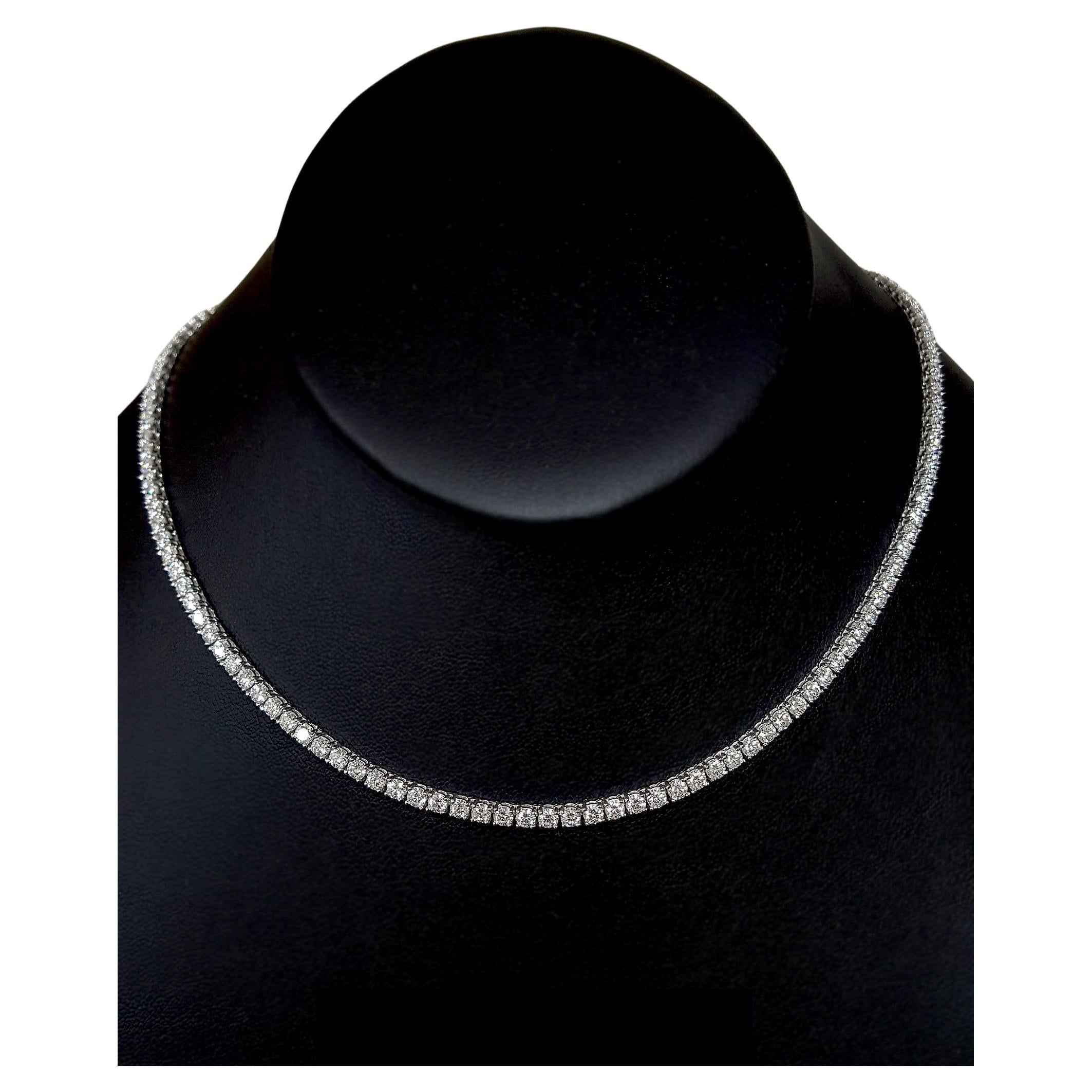 14.30 Carat Round Brilliant Cut Diamond Tennis Necklace 14 Karat White