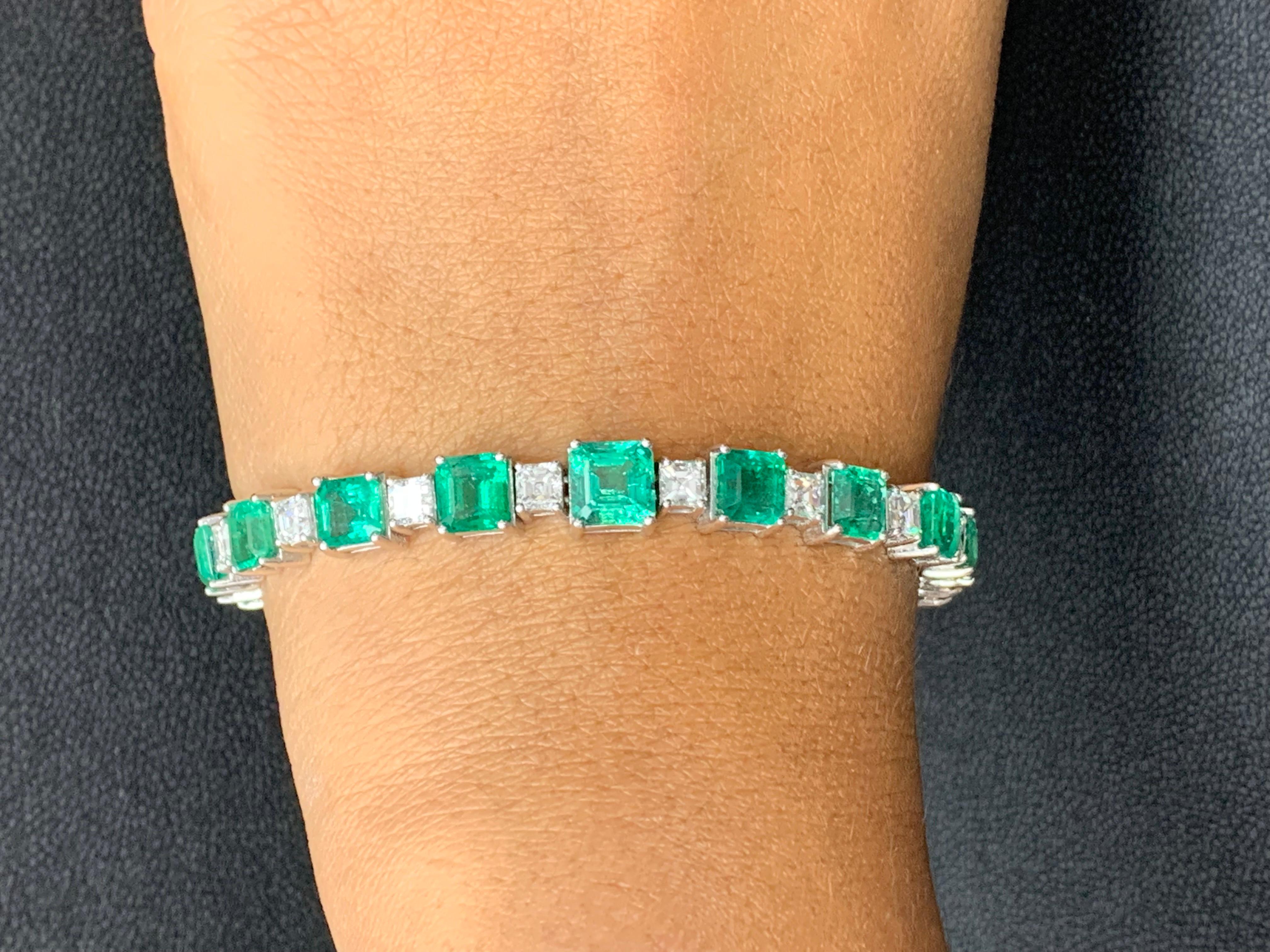 14.30 Carat Emerald Cut Emerald and Diamond Bracelet in 18K White Gold For Sale 4