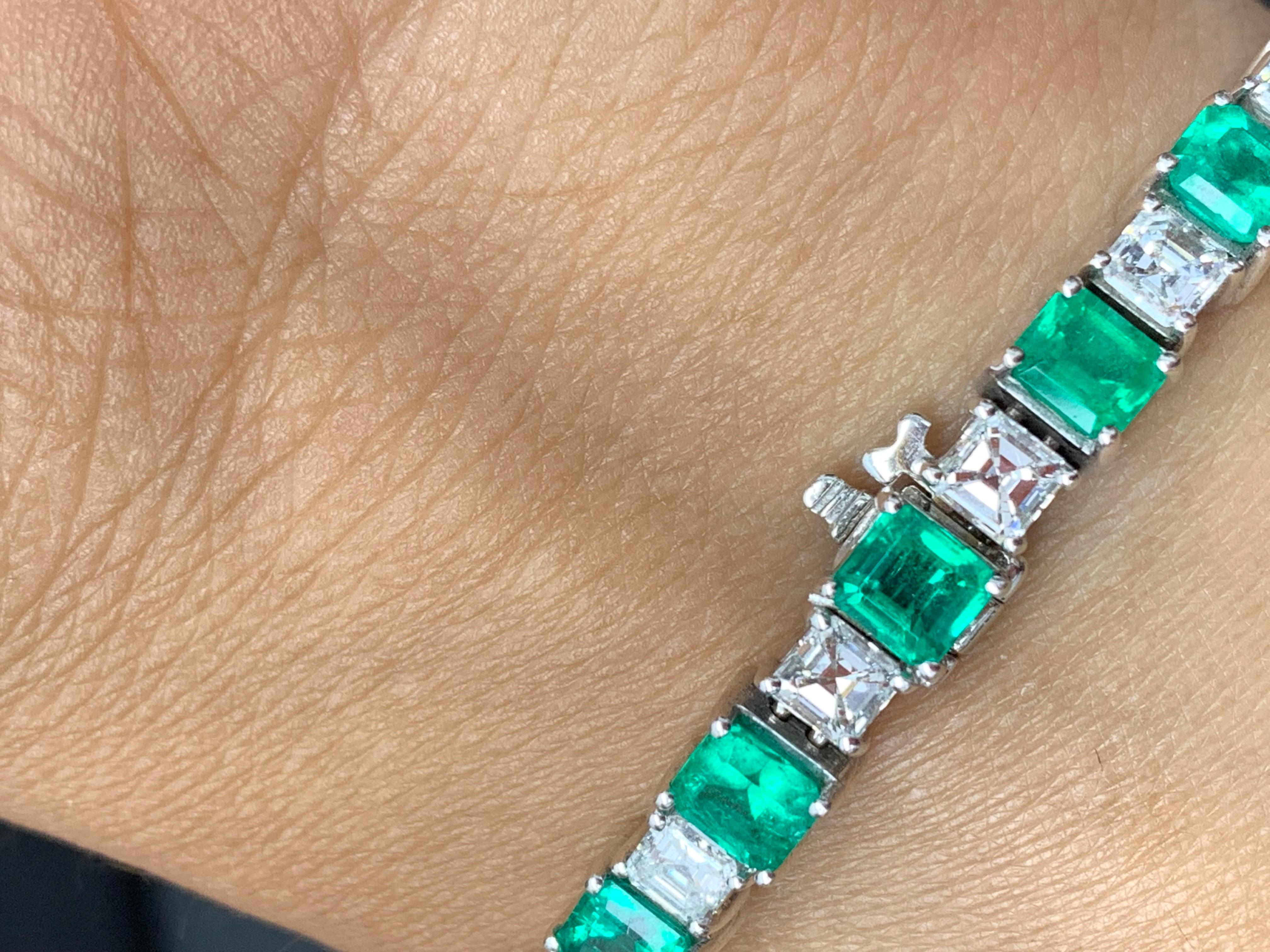 14.30 Carat Emerald Cut Emerald and Diamond Bracelet in 18K White Gold For Sale 7