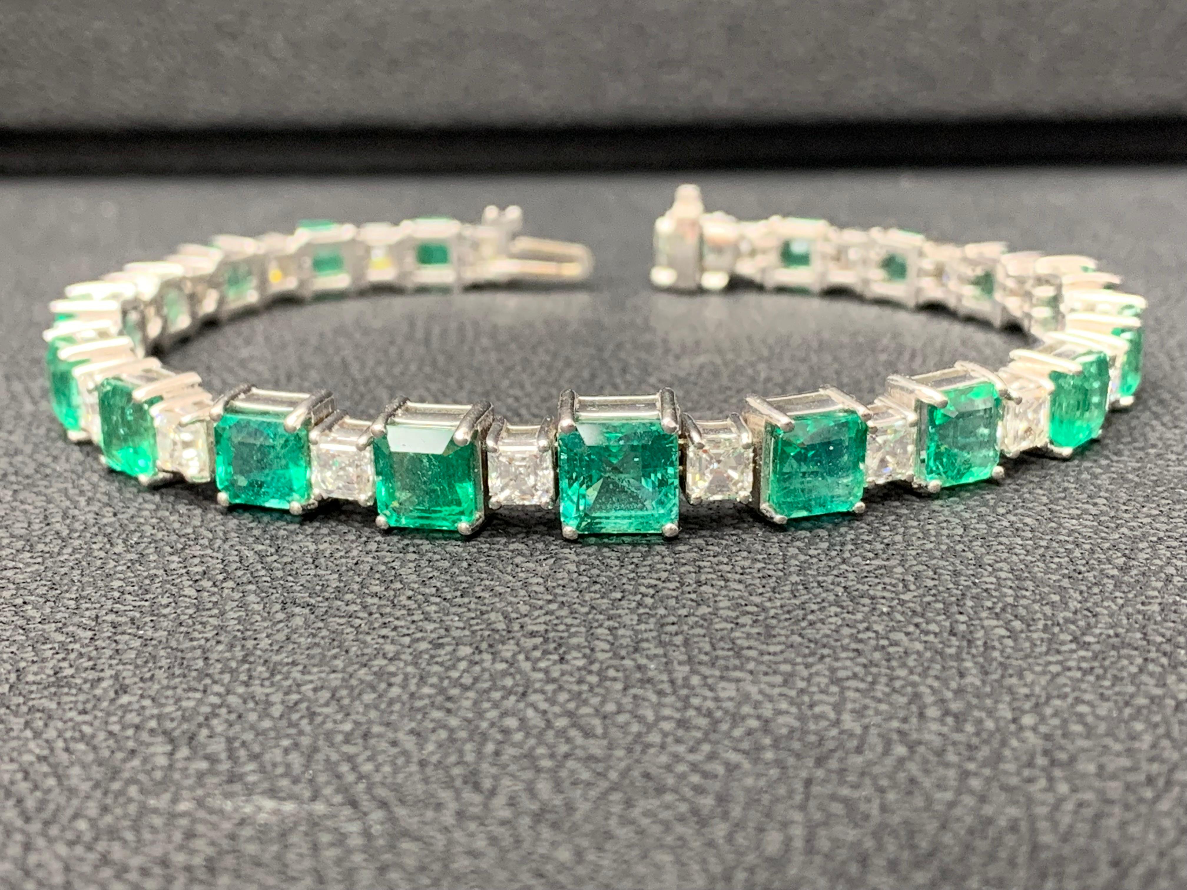 14.30 Carat Emerald Cut Emerald and Diamond Bracelet in 18K White Gold For Sale 1