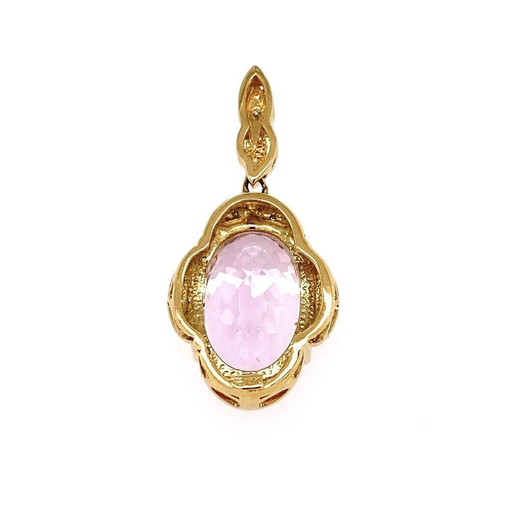 Modernist 14.30 Carat Oval Patroke Kunzite and Diamond Gold Pendant For Sale