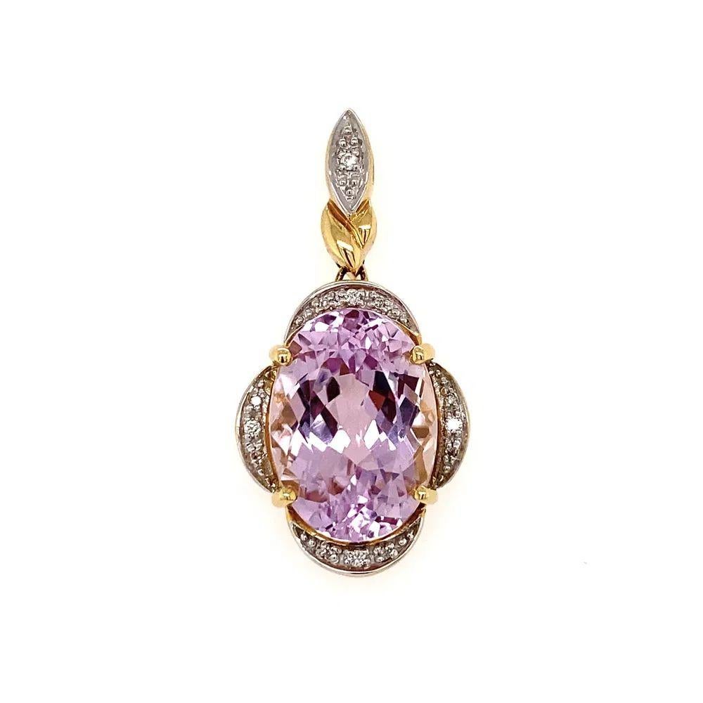 Oval Cut 14.30 Carat Oval Patroke Kunzite and Diamond Gold Pendant For Sale