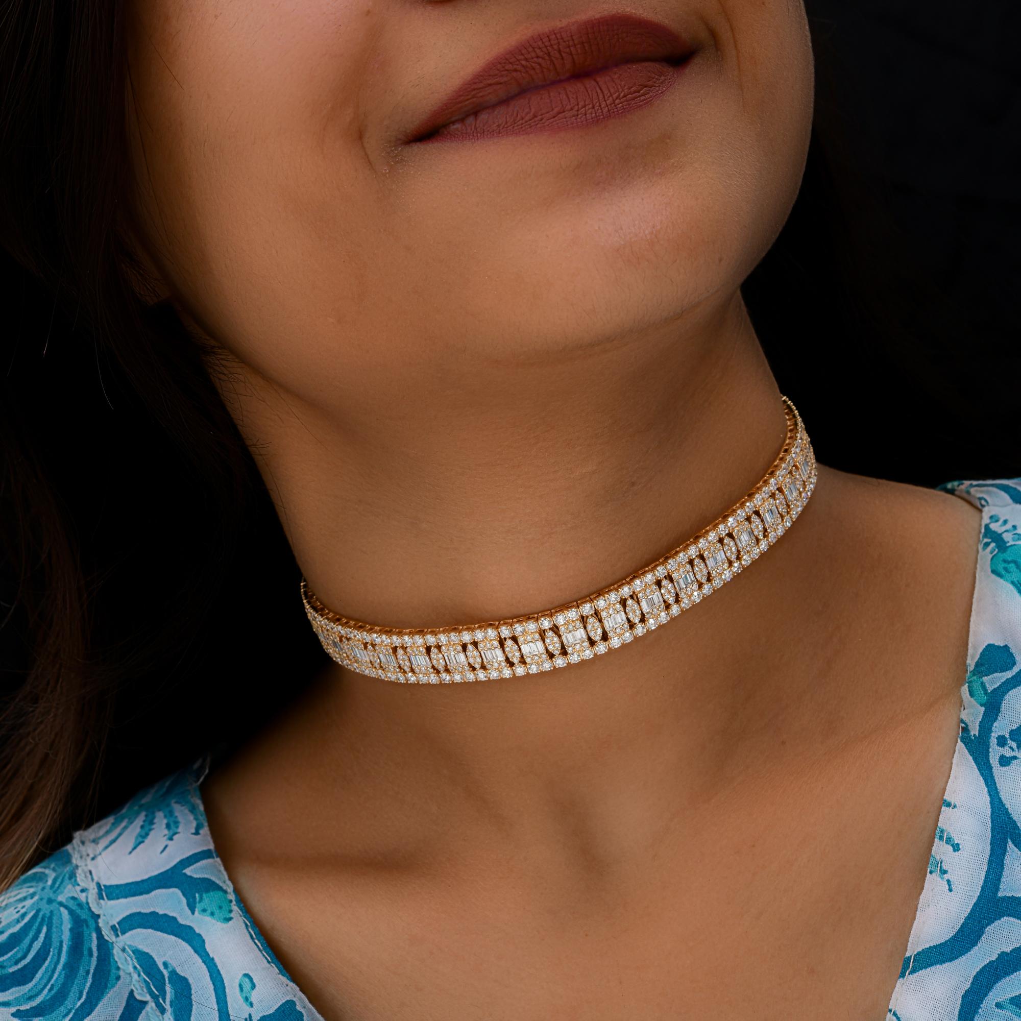 Modern 14.30 Carat SI/H Baguette Round Brilliant Cut Diamond Necklace 18k Yellow Gold For Sale