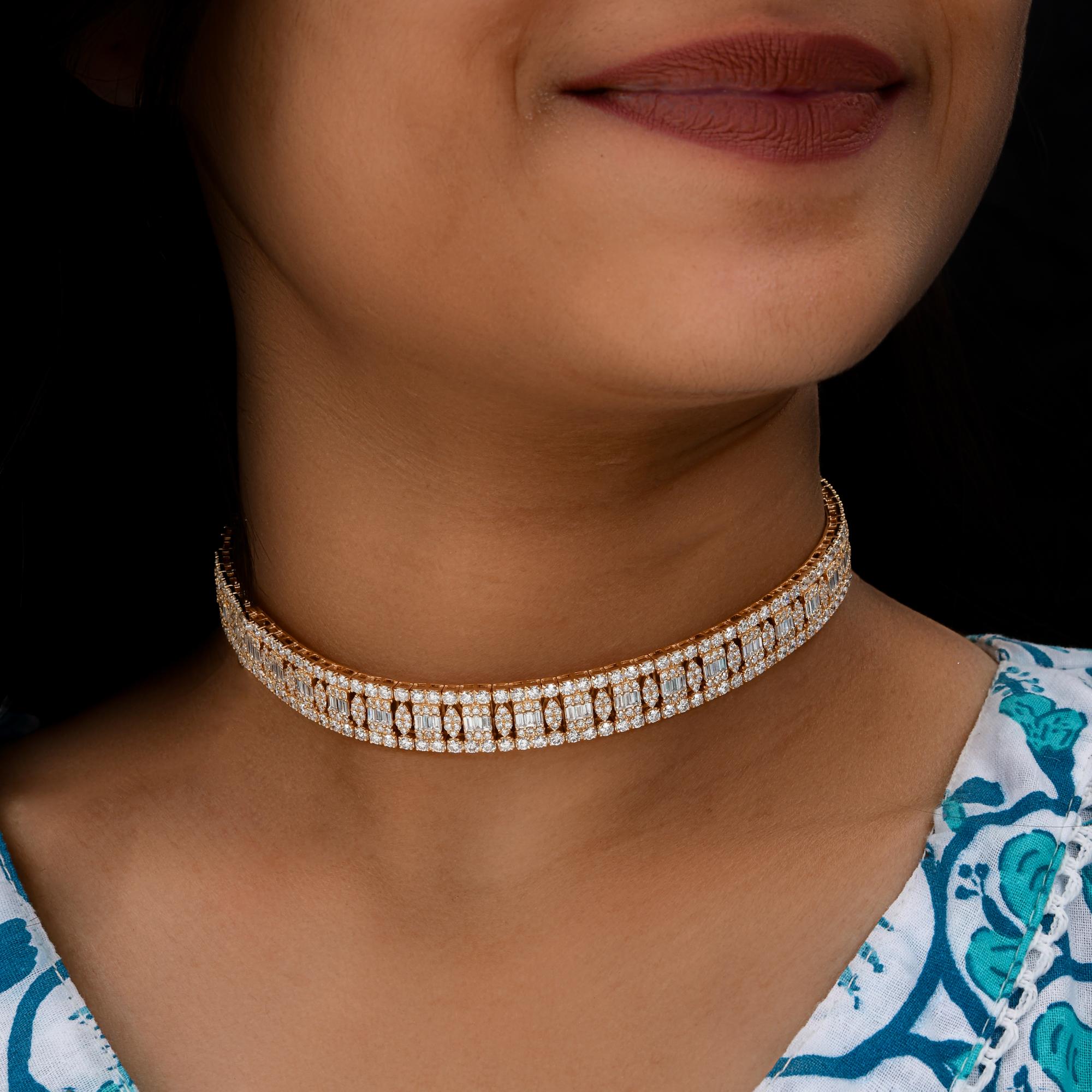 Baguette Cut 14.30 Carat SI/H Baguette Round Brilliant Cut Diamond Necklace 18k Yellow Gold For Sale