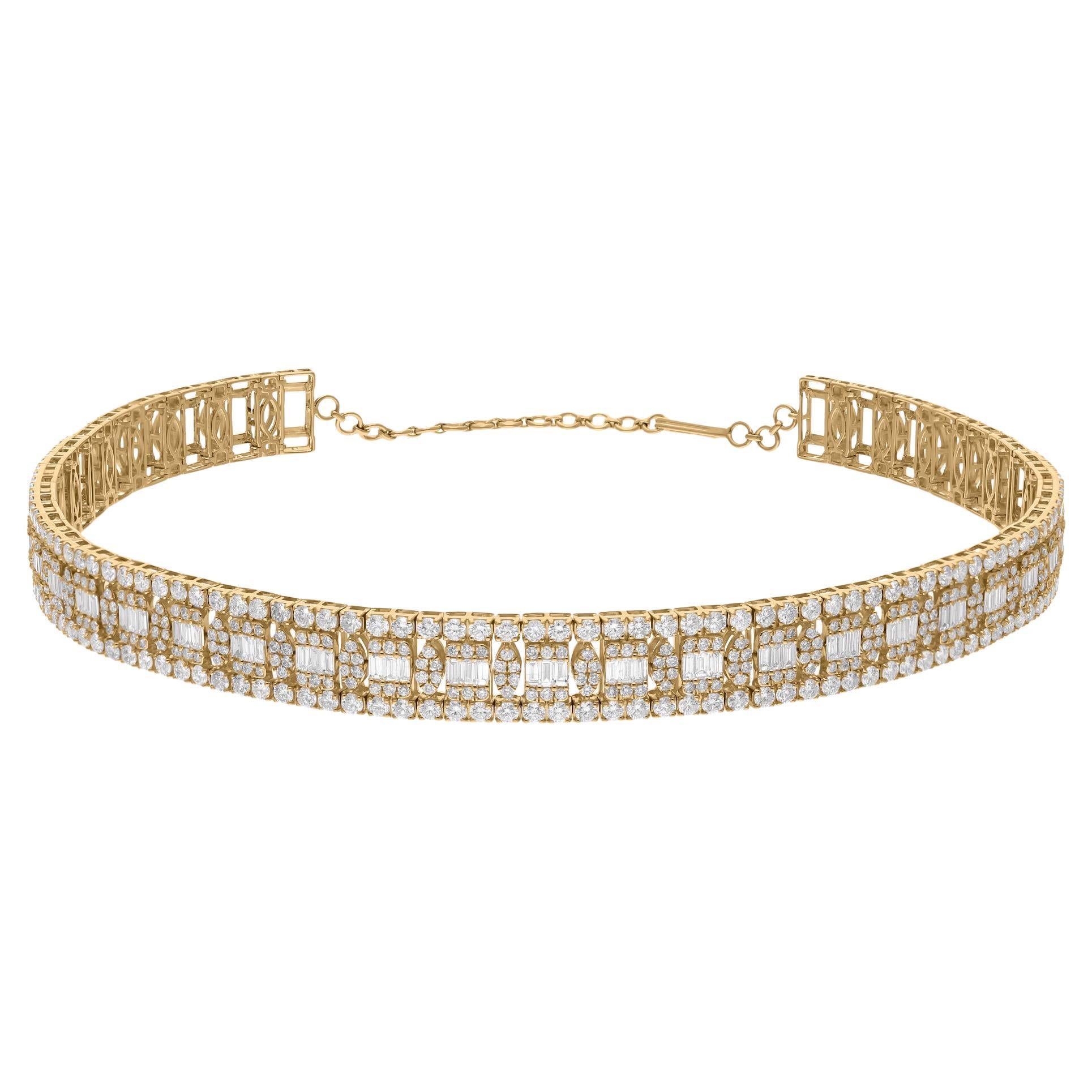 14.30 Carat SI/H Baguette Round Brilliant Cut Diamond Necklace 18k Yellow Gold