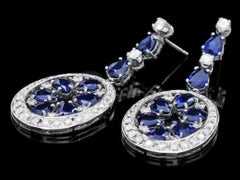 14.30 Carats Natural Sapphire and Diamond 14K Solid White Gold Earrings