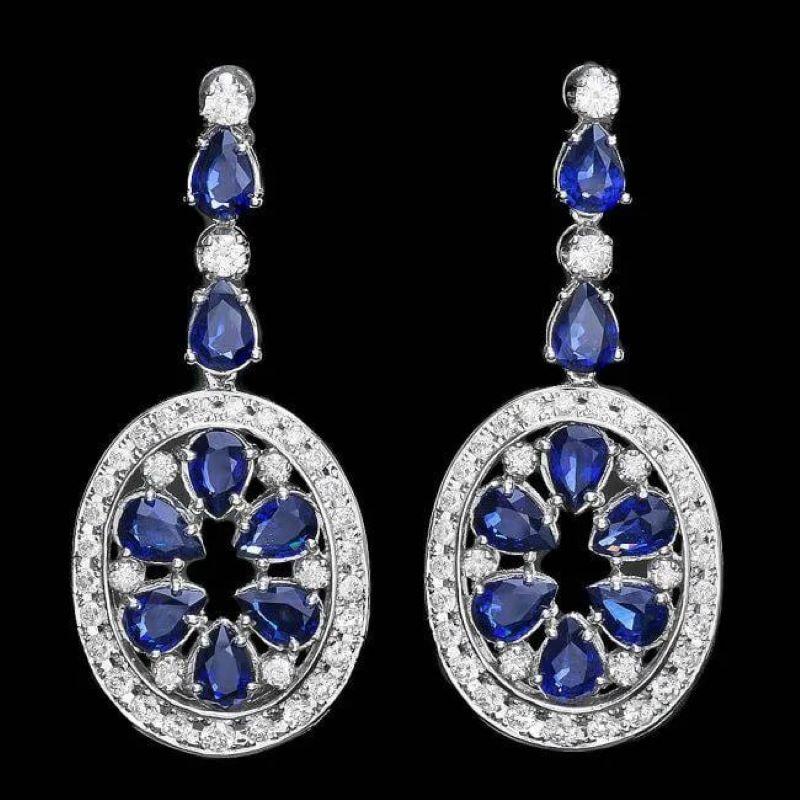 Taille mixte Boucles d'oreilles en or blanc massif 14 carats avec saphir naturel de 14,30 carats et diamants en vente