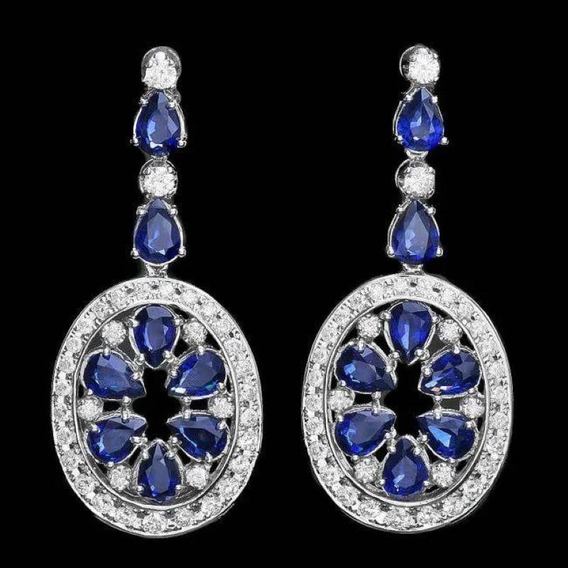 Mixed Cut 14.30 Carats Natural Sapphire and Diamond 14K Solid White Gold Earrings For Sale