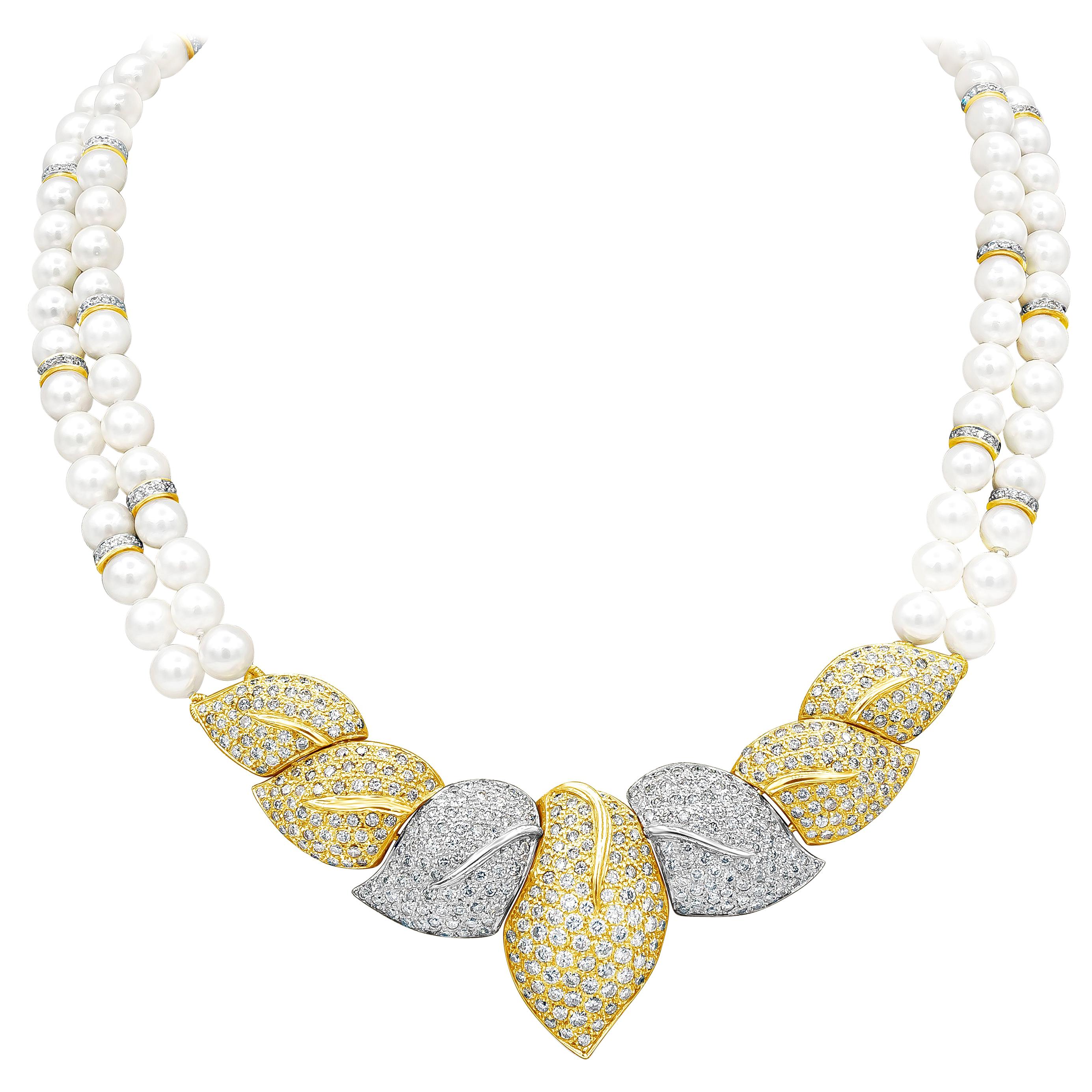 14.30 Carats Total Round Brilliant Cut Diamond & Double Strand Pearl Necklace For Sale