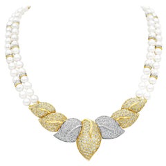 14.30 Carats Total Round Brilliant Cut Diamond & Double Strand Pearl Necklace