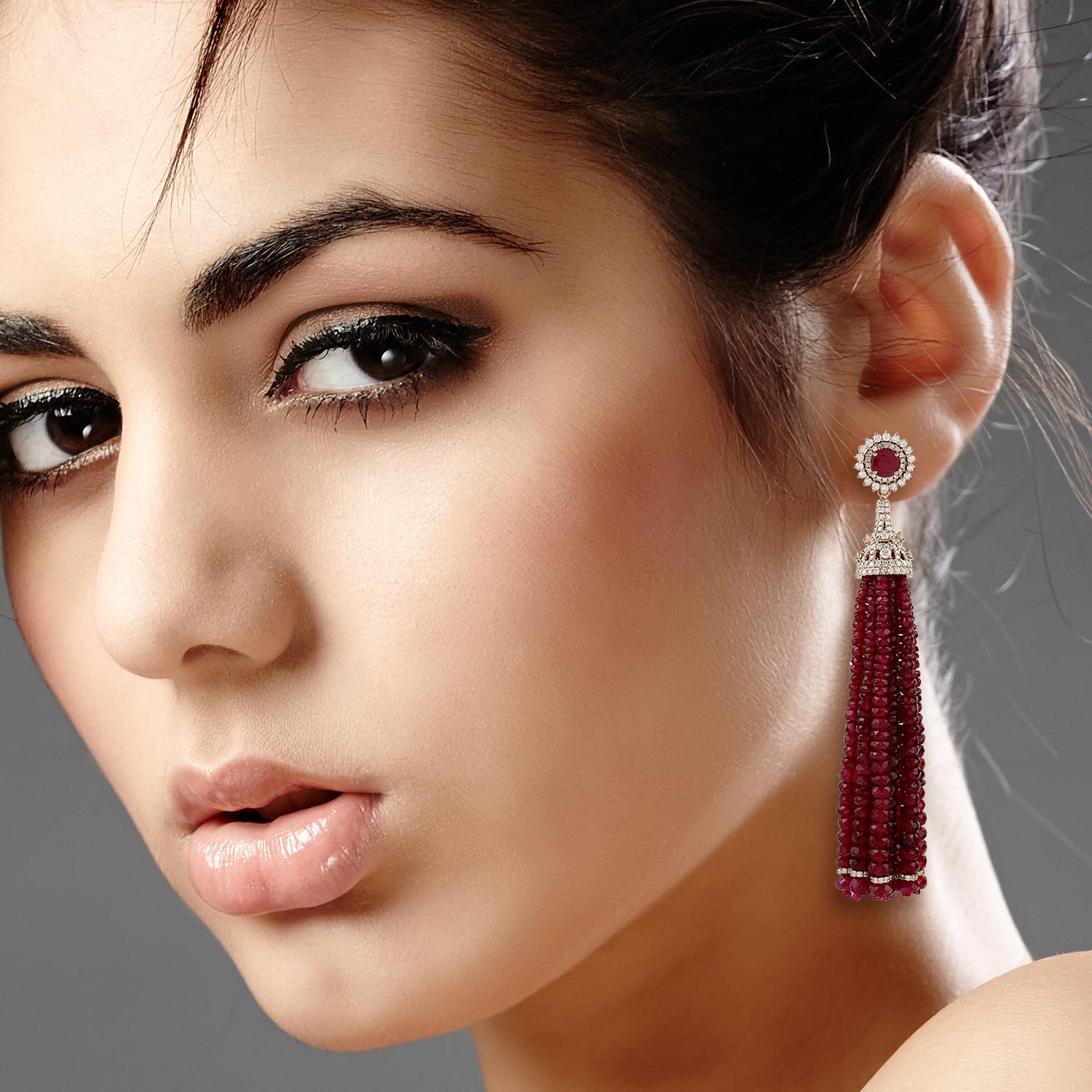 These stunning exceptional tassel earrings is handmade in 18-karat gold.  It is set with 143.07 carats ruby and 2.96 carats of glittering diamonds. 

FOLLOW  MEGHNA JEWELS storefront to view the latest collection & exclusive pieces.  Meghna Jewels