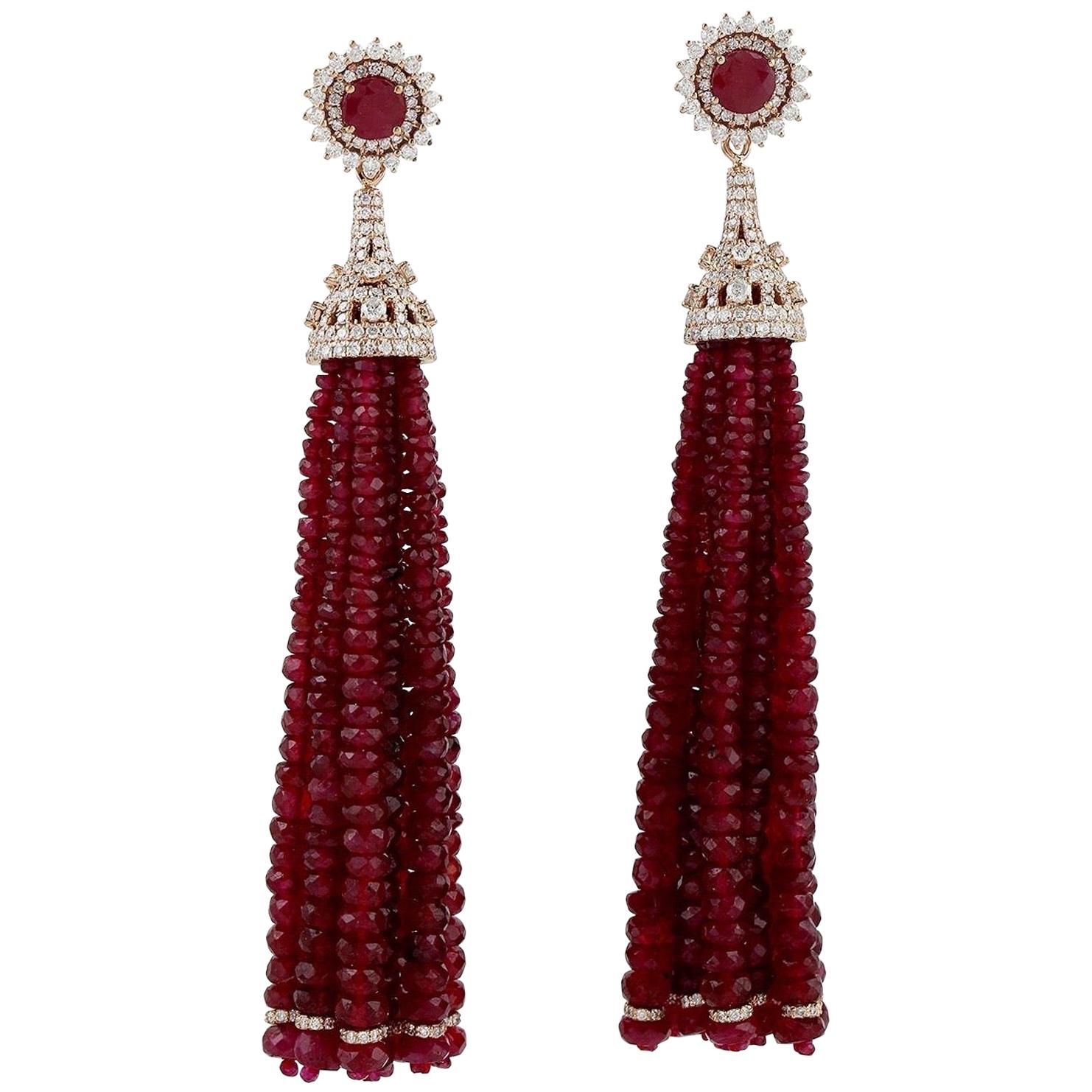 143.07 Carat Ruby Diamond 18 Karat Gold Tassel Earrings