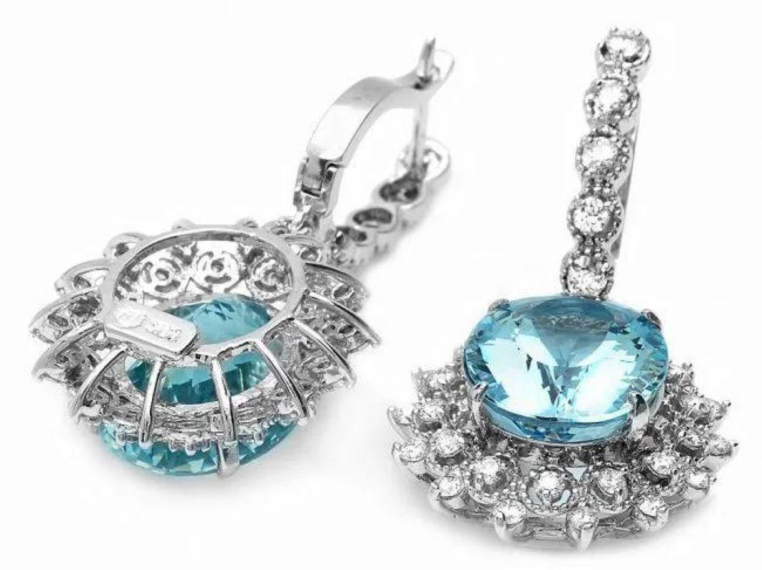 Mixed Cut 14.30Ct Natural Aquamarine and Diamond 14K Solid White Gold Earrings For Sale