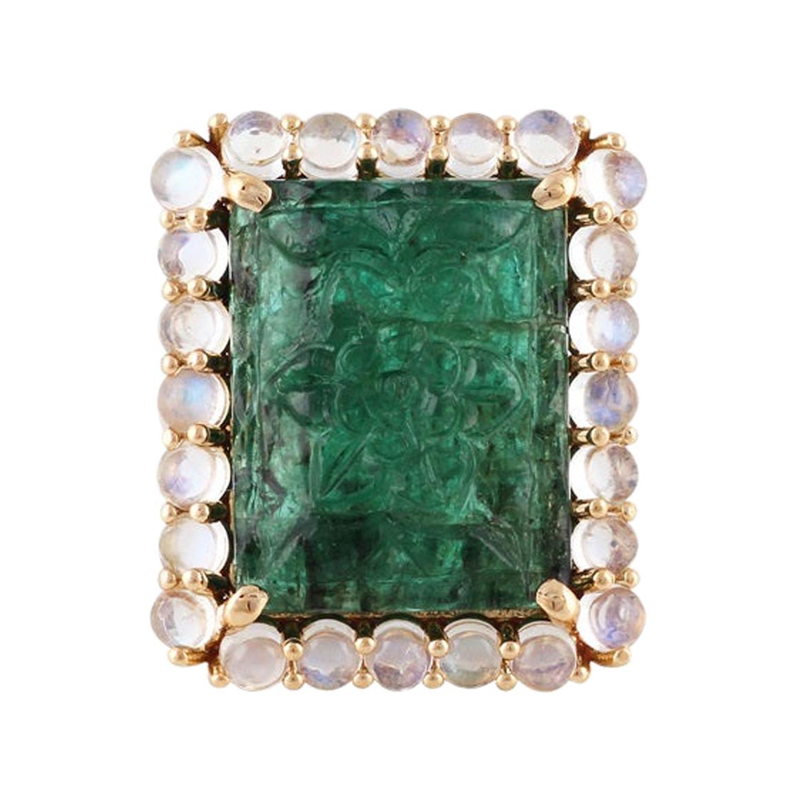 14.31 Carat Carved Emerald & Moon Stone Ring Studded in 18k Yellow Gold For Sale