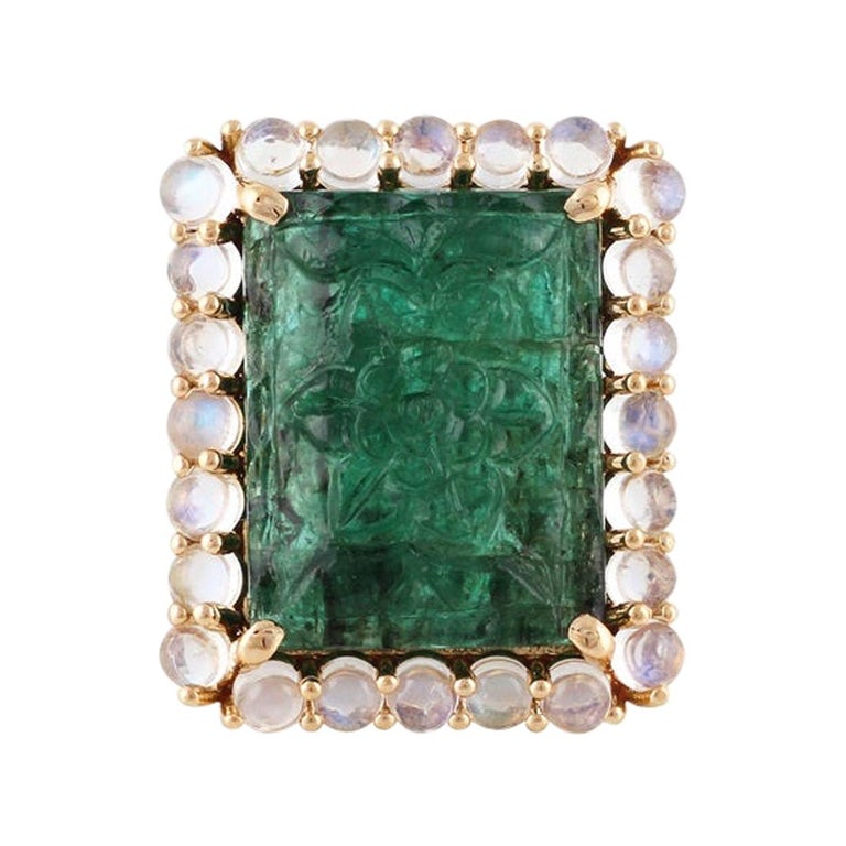 14.31 Carat Carved Emerald and Moon Stone Ring Studded in 18k Yellow ...