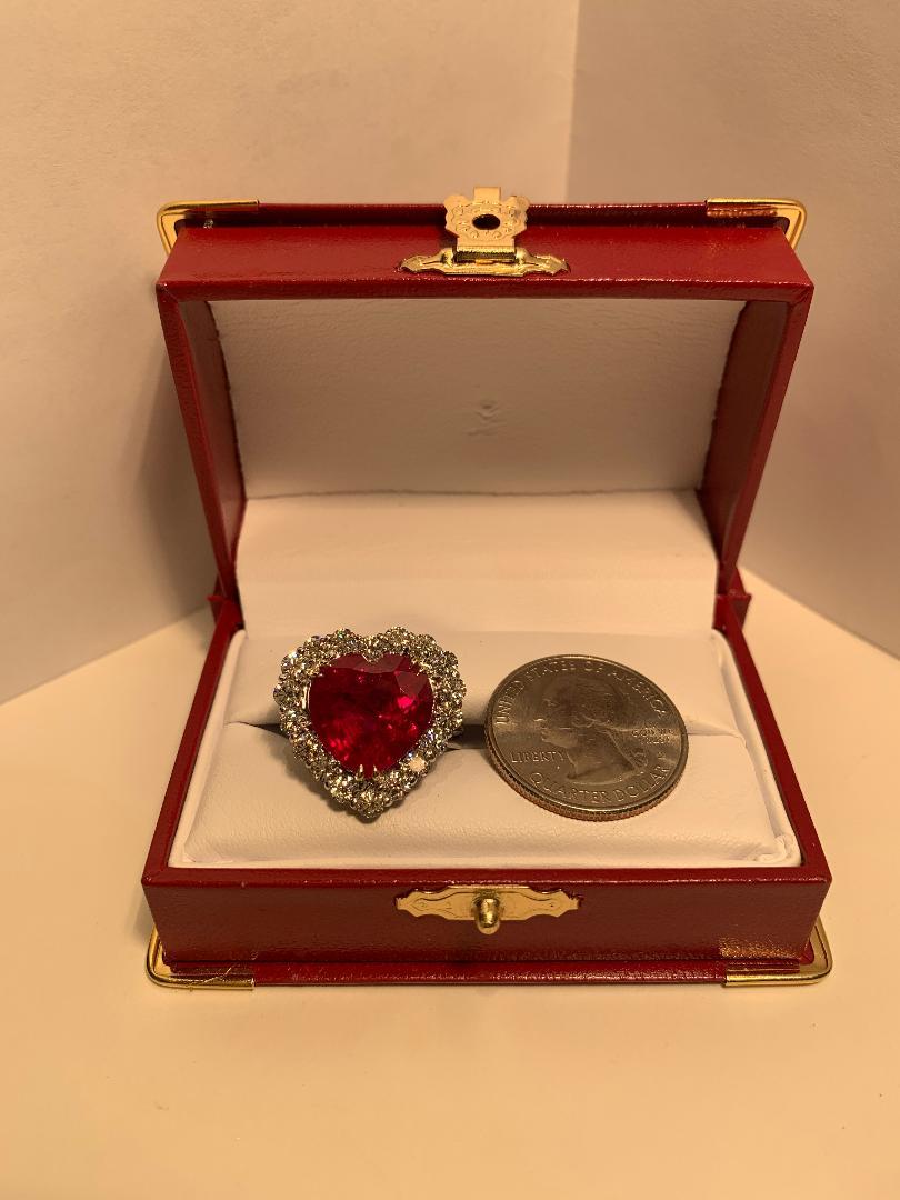 14.31 Carat Heart Shaped Vivid Red Corundum Ruby and Diamond White Gold Ring 5