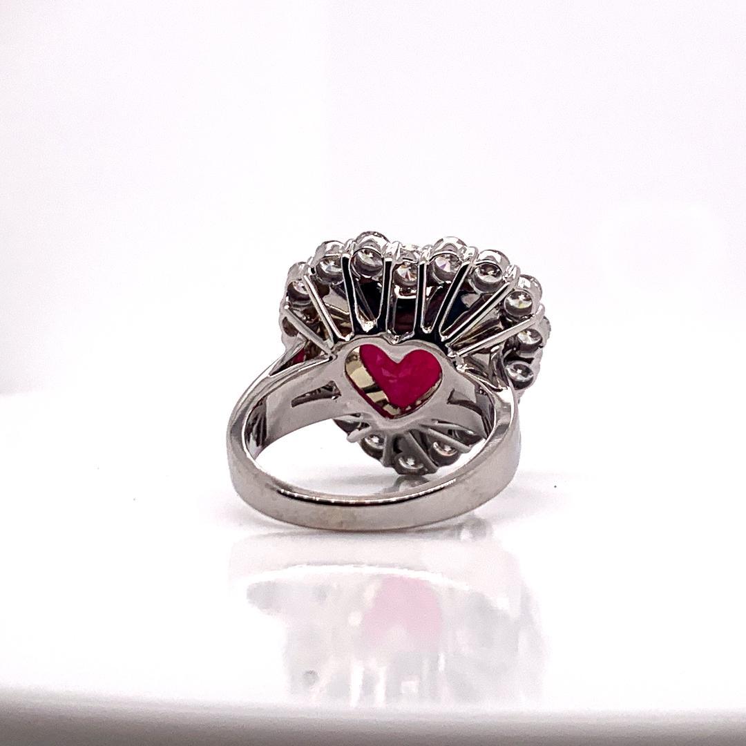 14.31 Carat Heart Shaped Vivid Red Corundum Ruby and Diamond White Gold Ring In Excellent Condition In Tustin, CA