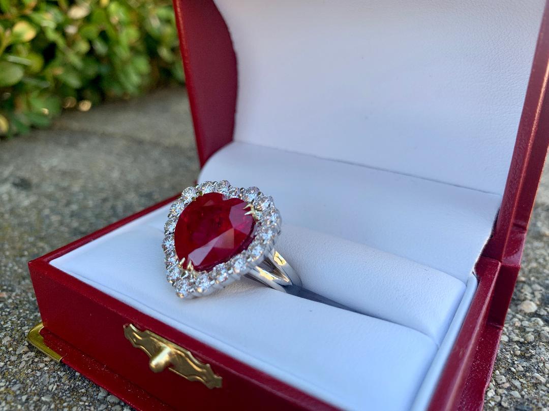 Women's 14.31 Carat Heart Shaped Vivid Red Corundum Ruby and Diamond White Gold Ring