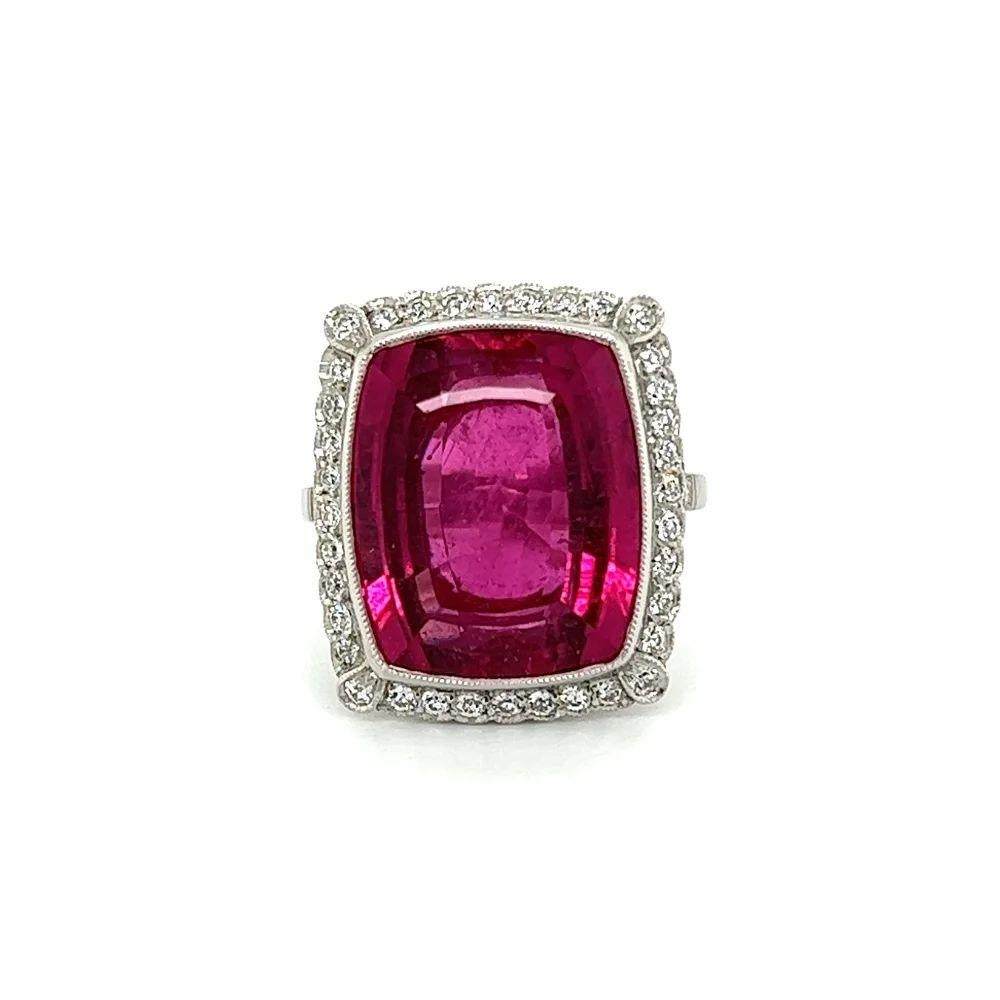 14.31 Cushion Rubellite Tourmaline and Diamond Platinum Ring Estate Fine Jewelry In Excellent Condition For Sale In Montreal, QC