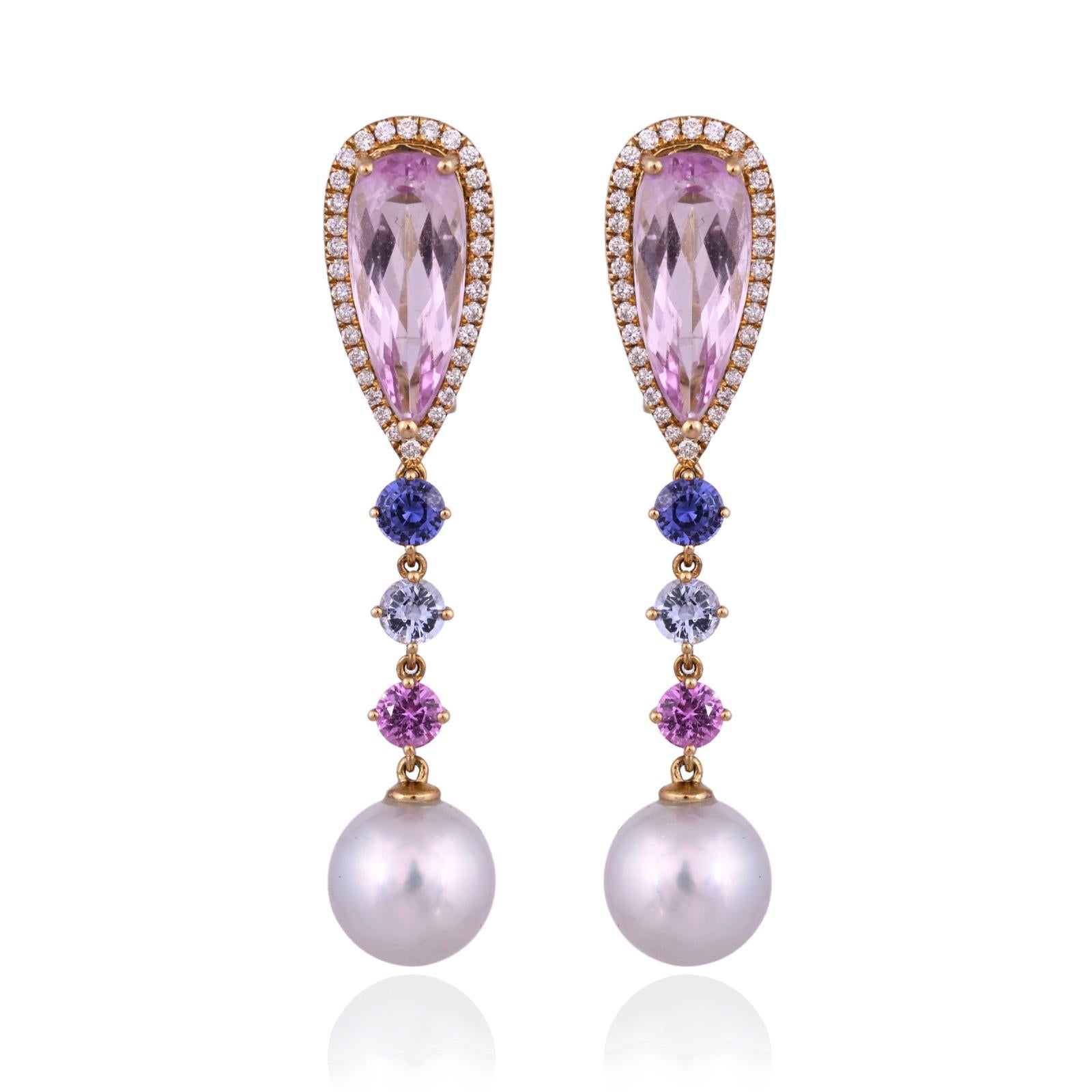 Orecchini pendenti con Kunzite, Zaffiro Multi, Perle dei Mari del Sud e Diamanti, 14,32 carati in vendita 5
