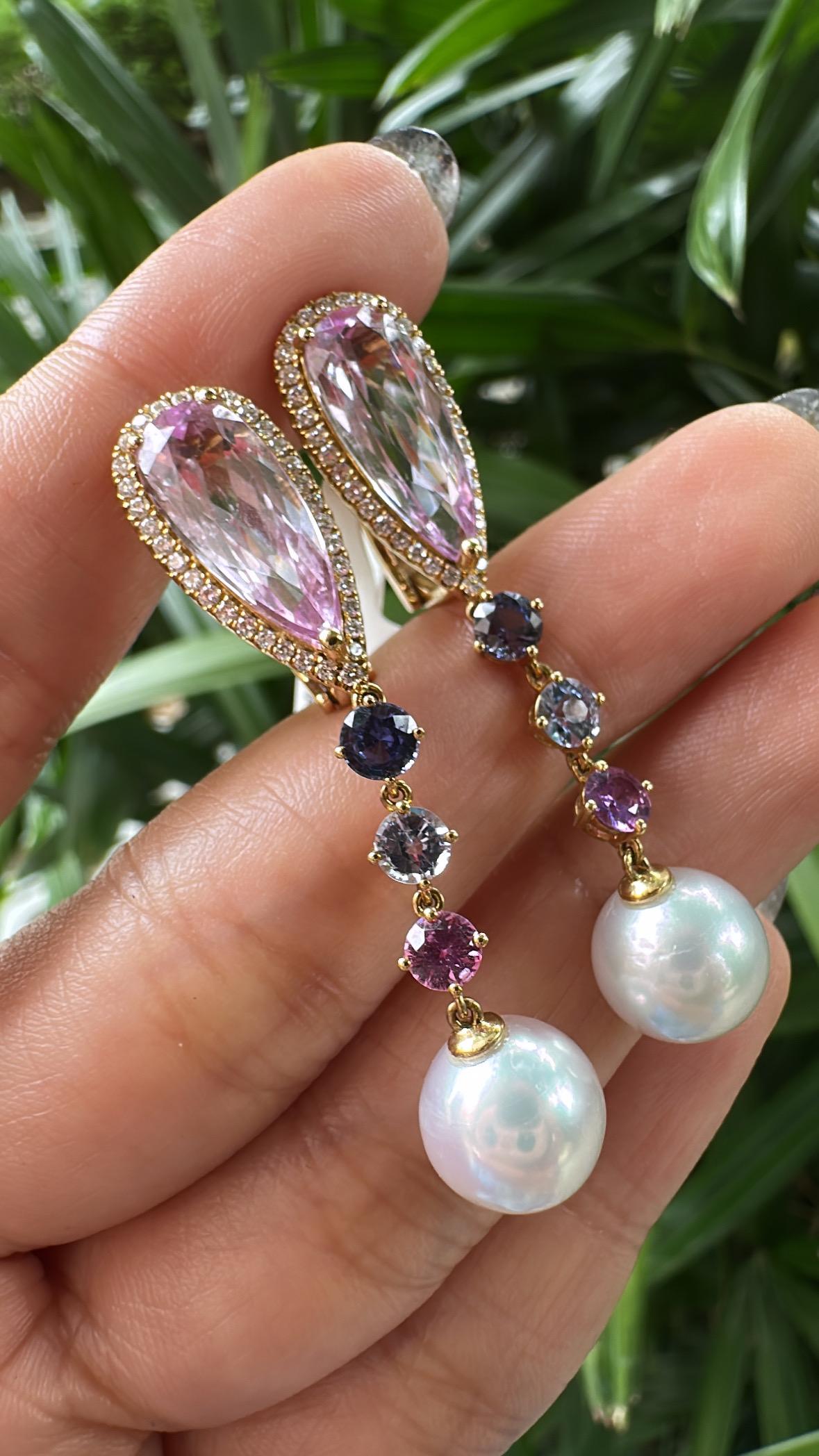Moderno Orecchini pendenti con Kunzite, Zaffiro Multi, Perle dei Mari del Sud e Diamanti, 14,32 carati in vendita