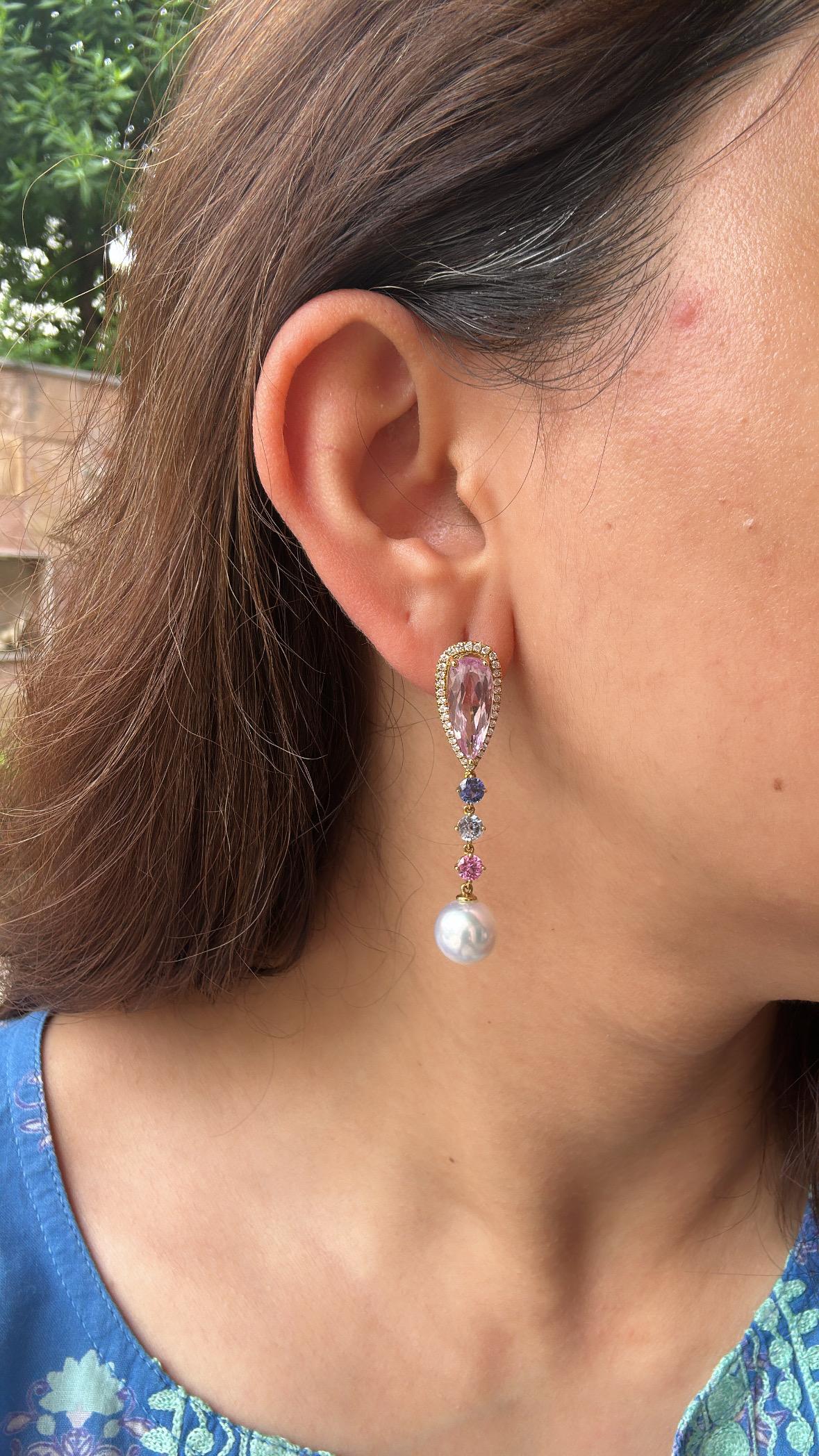 da uomo o donna Orecchini pendenti con Kunzite, Zaffiro Multi, Perle dei Mari del Sud e Diamanti, 14,32 carati in vendita