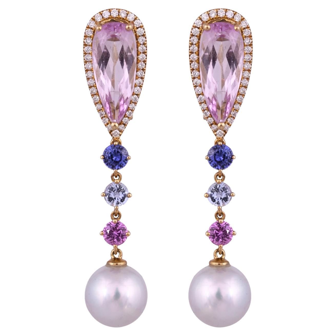 Orecchini pendenti con Kunzite, Zaffiro Multi, Perle dei Mari del Sud e Diamanti, 14,32 carati in vendita