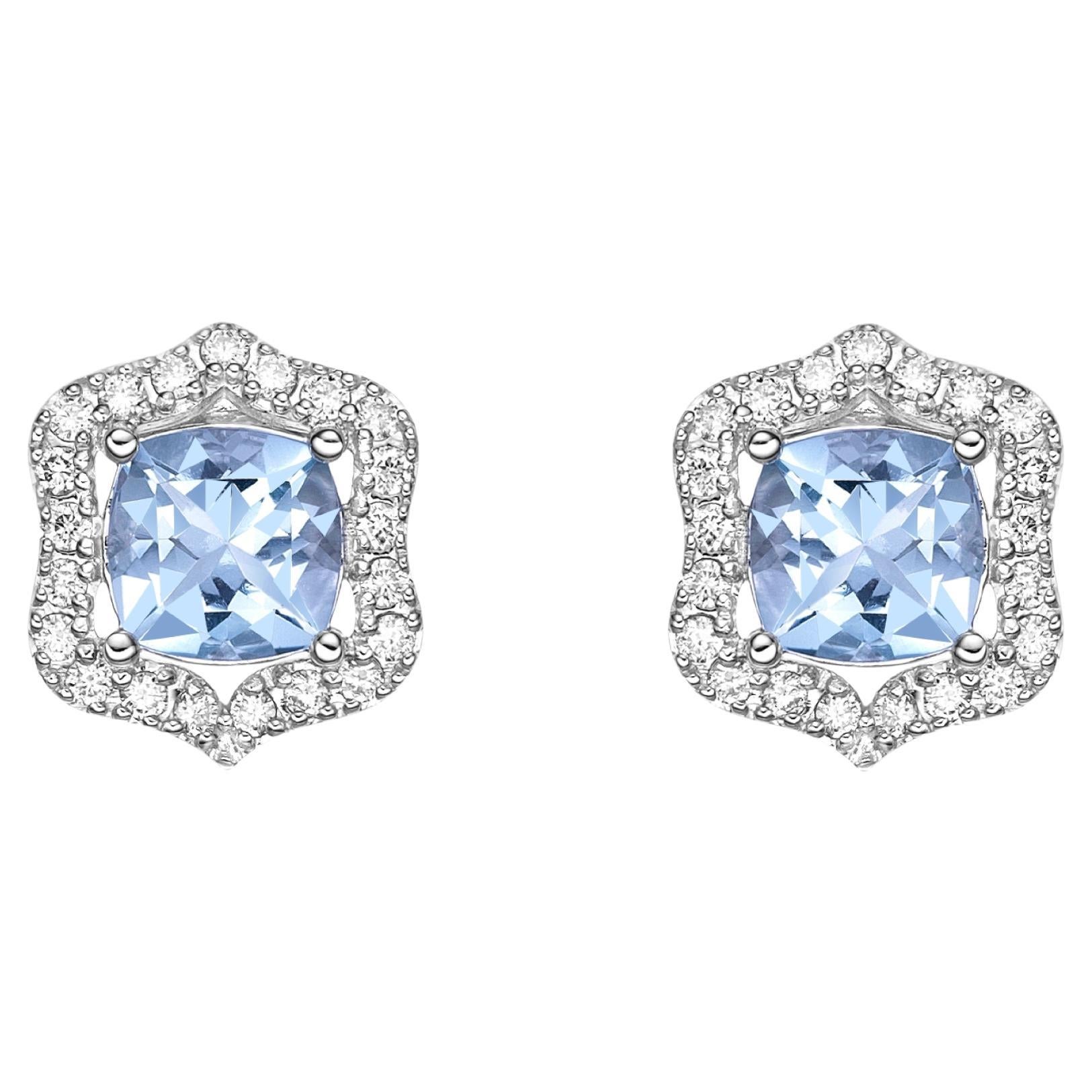 1.435 Carat Aquamarine Stud Earrings in 18Karat White Gold with White Diamond.