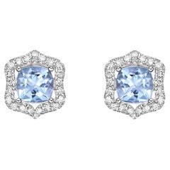 1.435 Carat Aquamarine Stud Earrings in 18Karat White Gold with White Diamond.