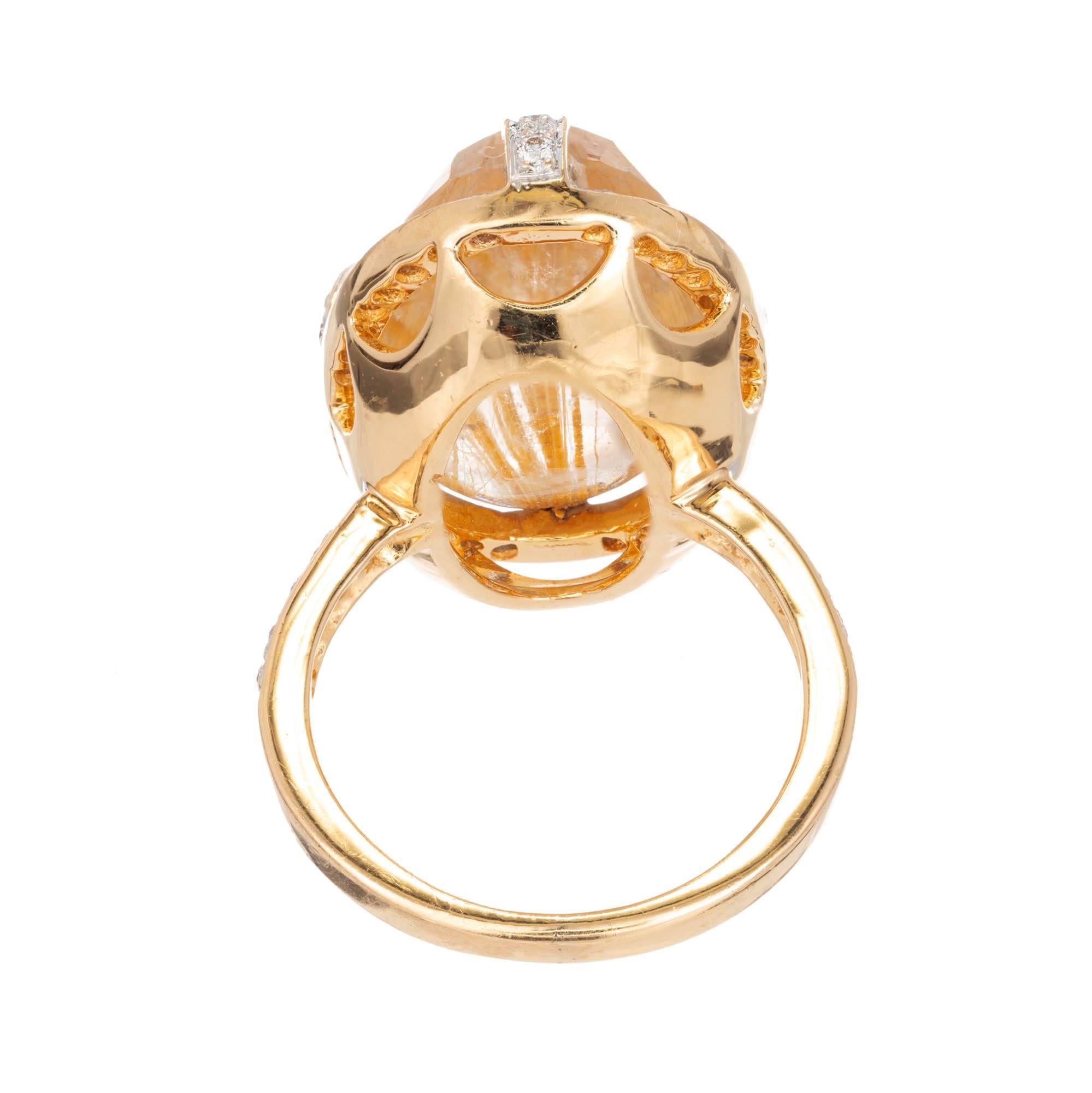 Oval Cut 14.35 Carat Oval Rutilated Quartz Diamond Halo Gold Cocktail Ring For Sale