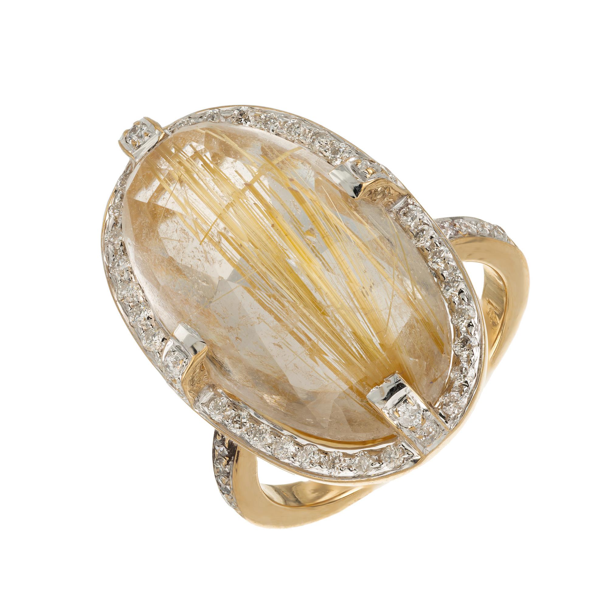Oval Cut 14.35 Carat Oval Rutilated Quartz Diamond Halo Gold Cocktail Ring For Sale