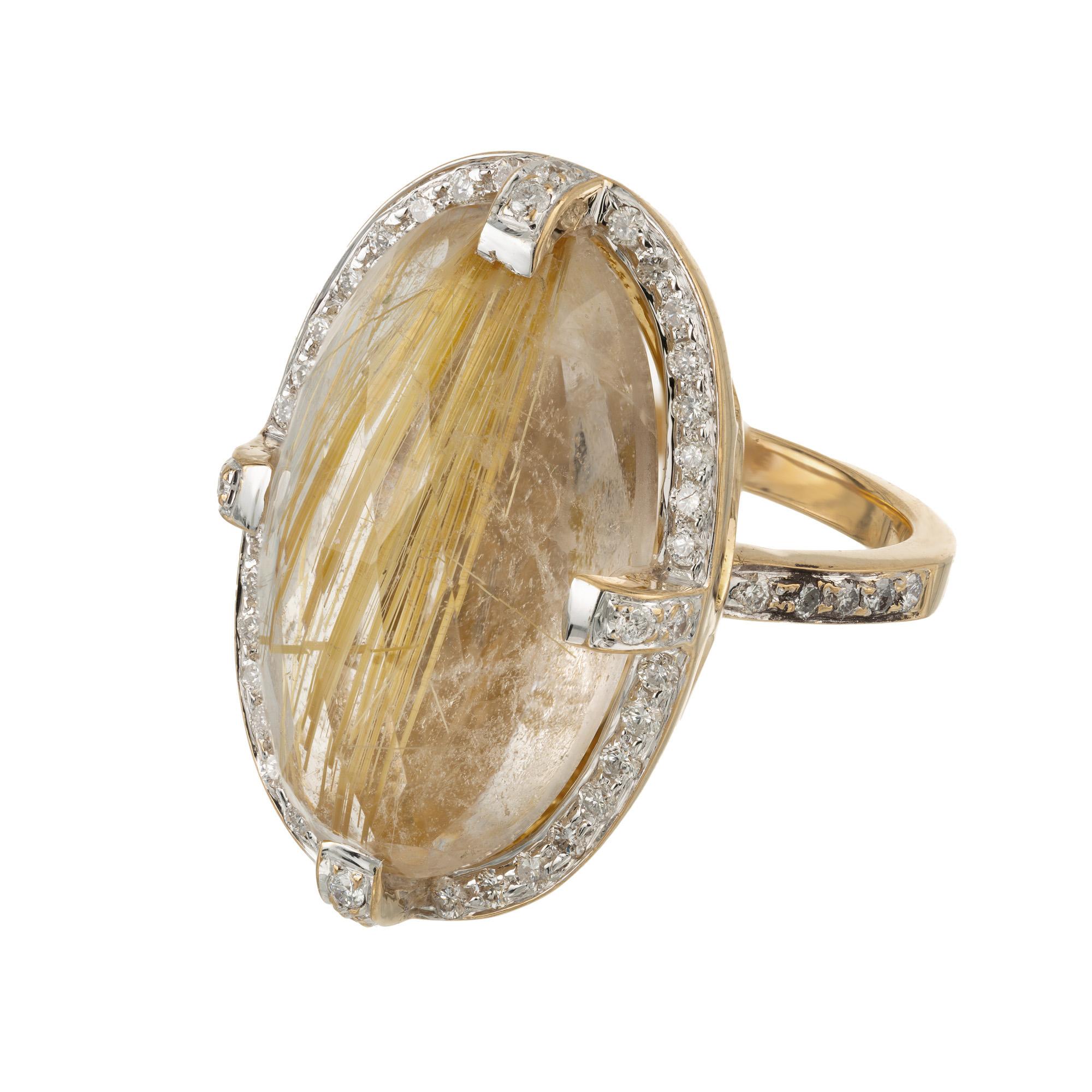 14.35 Carat Oval Rutilated Quartz Diamond Halo Gold Cocktail Ring In Excellent Condition For Sale In Stamford, CT