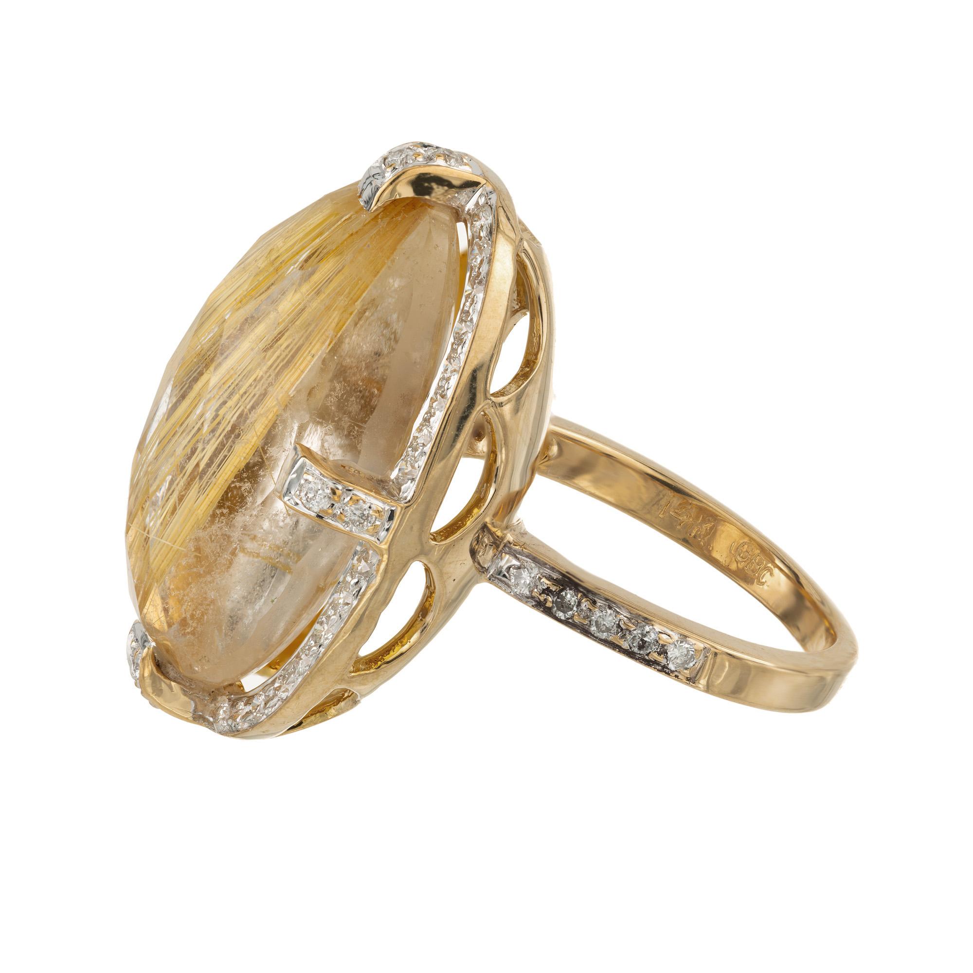 Women's 14.35 Carat Oval Rutilated Quartz Diamond Halo Gold Cocktail Ring For Sale
