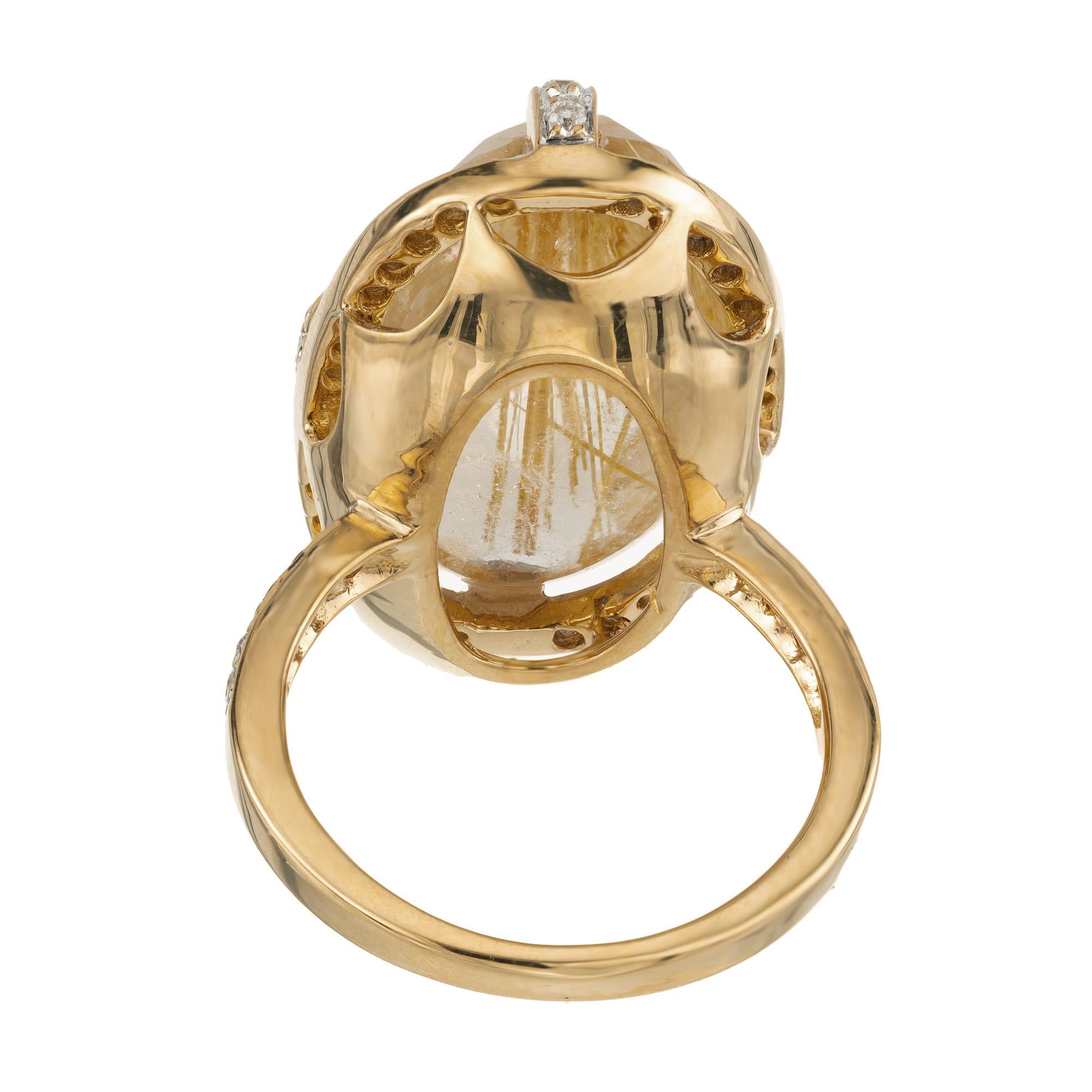 14.35 Carat Oval Rutilated Quartz Diamond Halo Gold Cocktail Ring For Sale 1