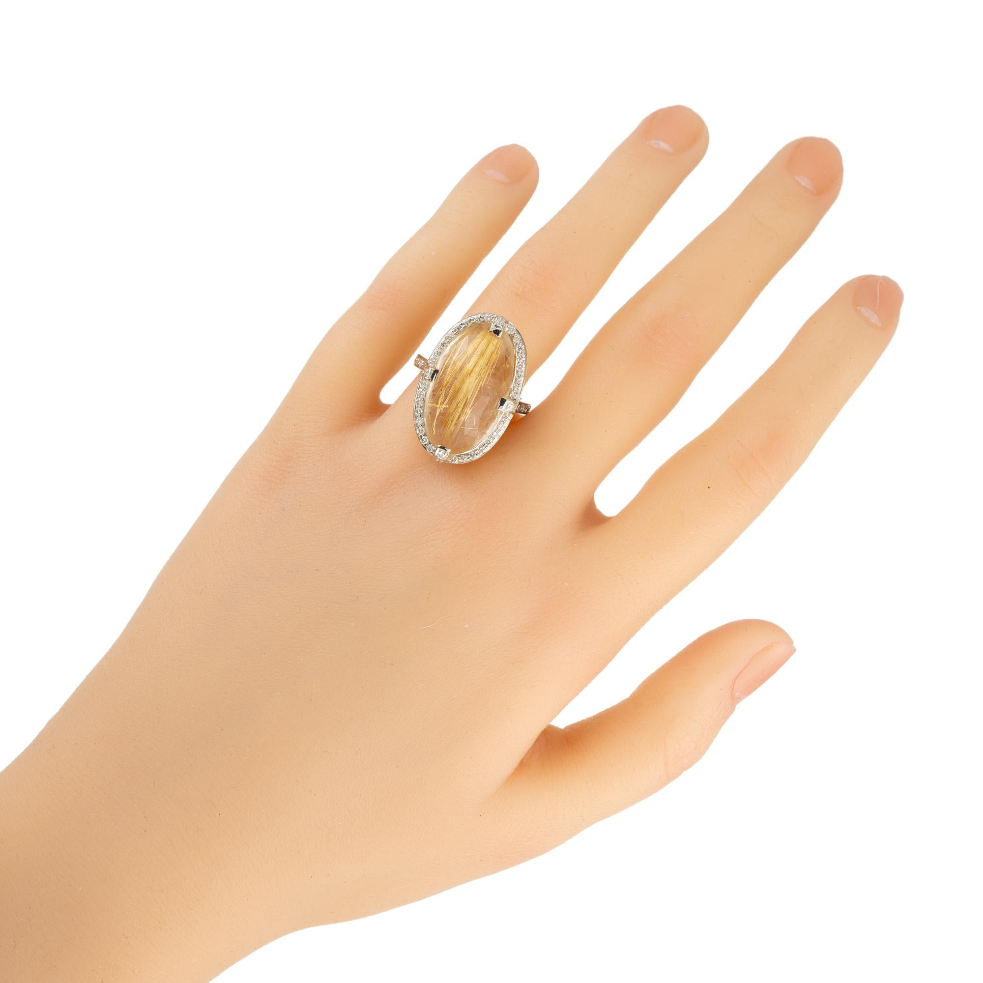 14.35 Carat Oval Rutilated Quartz Diamond Halo Gold Cocktail Ring For Sale 4