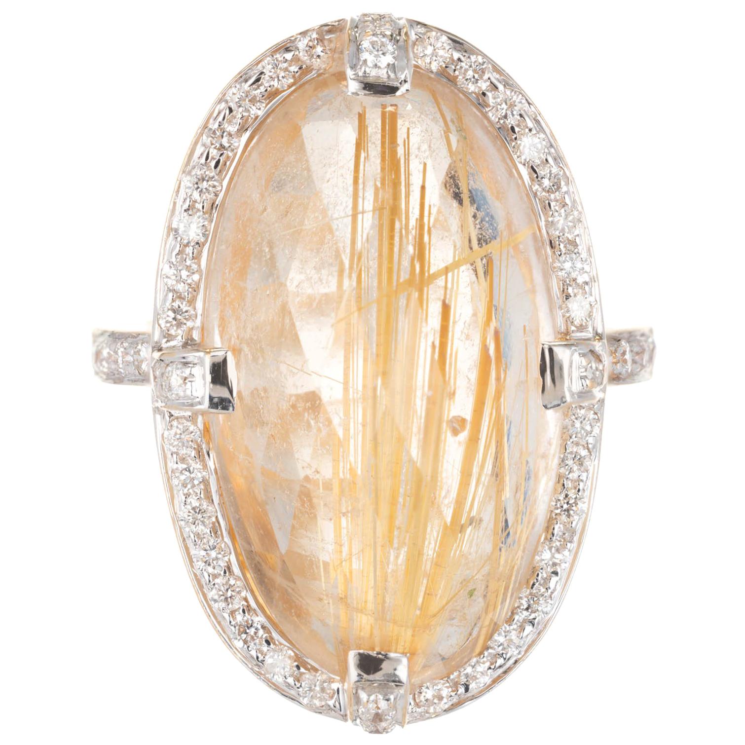 14.35 Carat Oval Rutilated Quartz Diamond Halo Gold Cocktail Ring For Sale