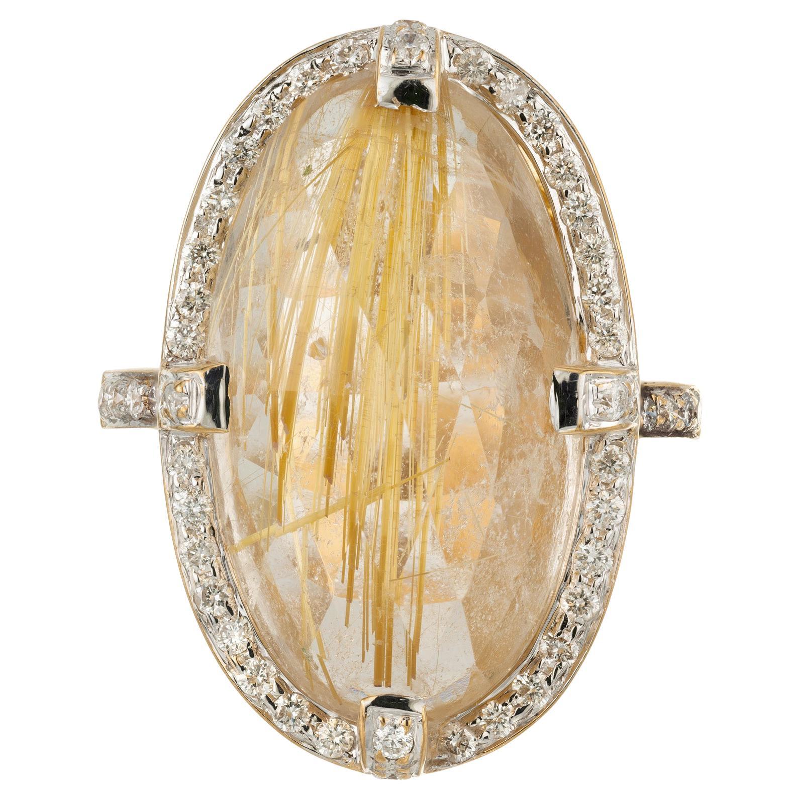 Bague cocktail halo de diamants et quartz rutile ovale 14,35 carats