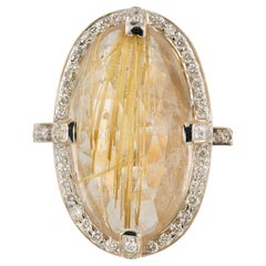 14.35 Carat Oval Rutilated Quartz Diamond Halo Gold Cocktail Ring