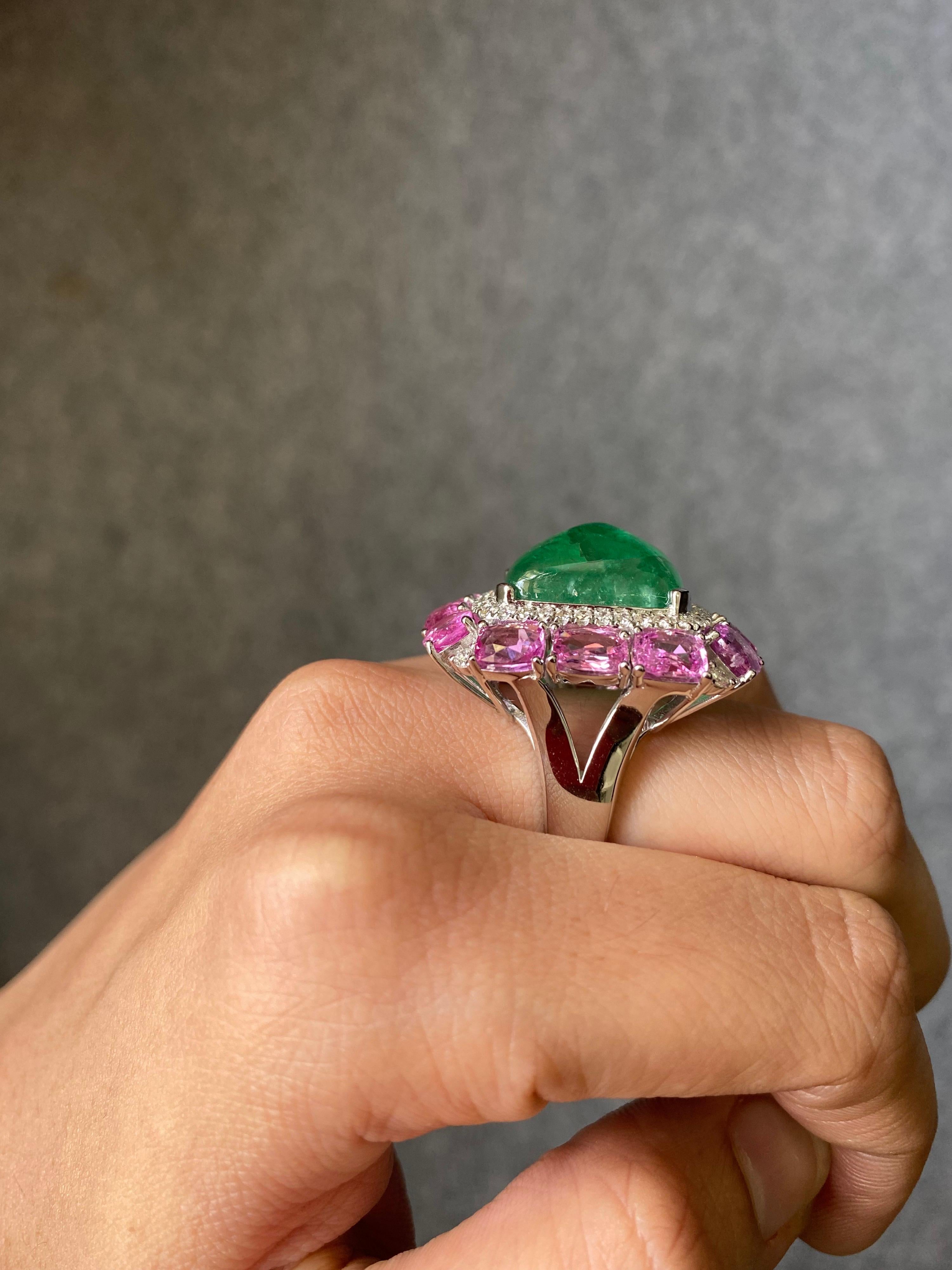 Sugarloaf Cabochon 14.35 Carat Sugarloaf Emerald and Pink Sapphire and Diamond Cocktail Ring