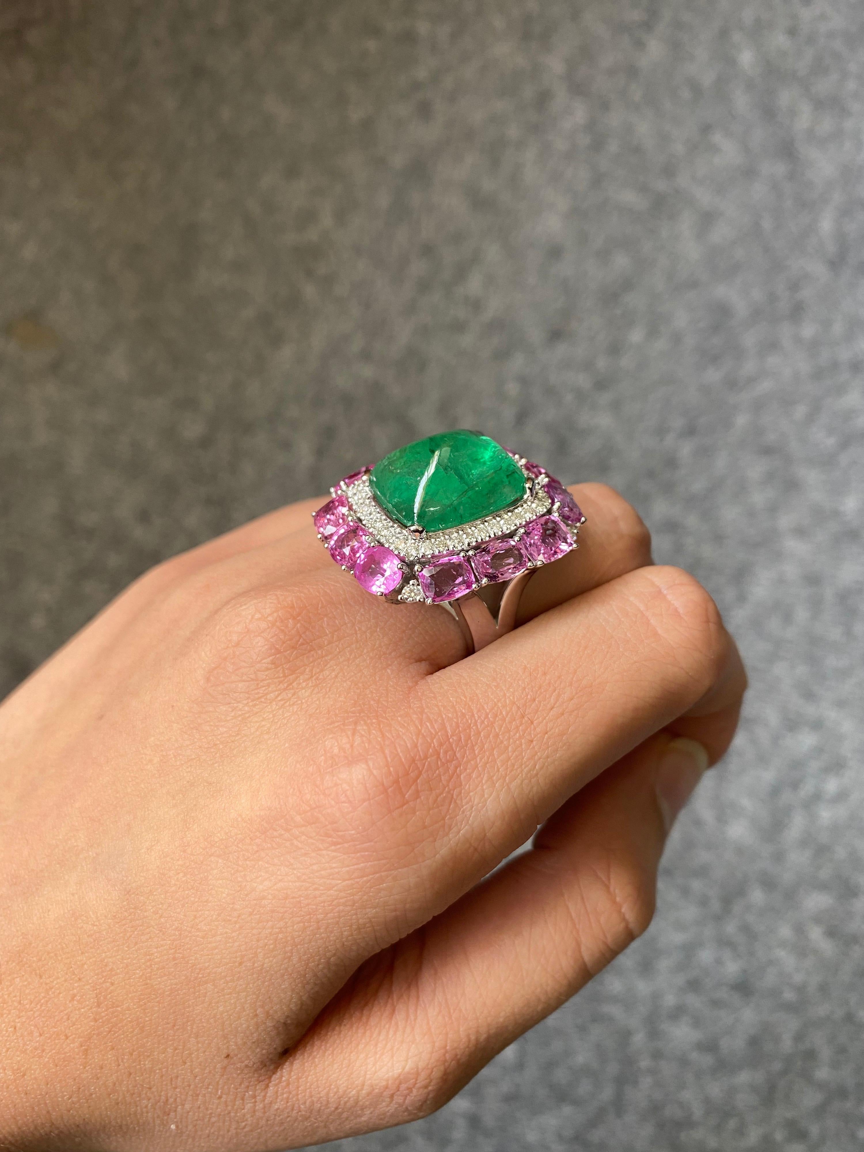 Women's 14.35 Carat Sugarloaf Emerald and Pink Sapphire and Diamond Cocktail Ring