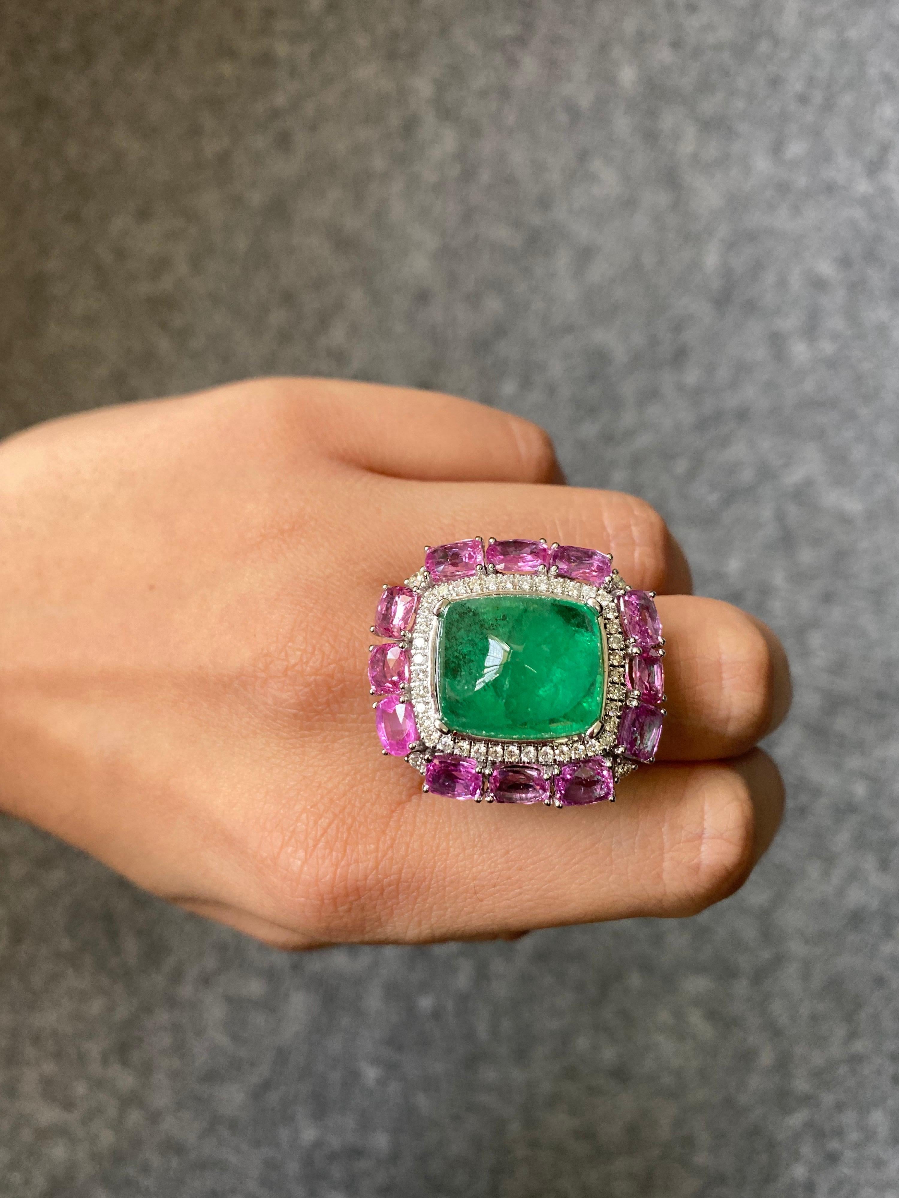 14.35 Carat Sugarloaf Emerald and Pink Sapphire and Diamond Cocktail Ring 1